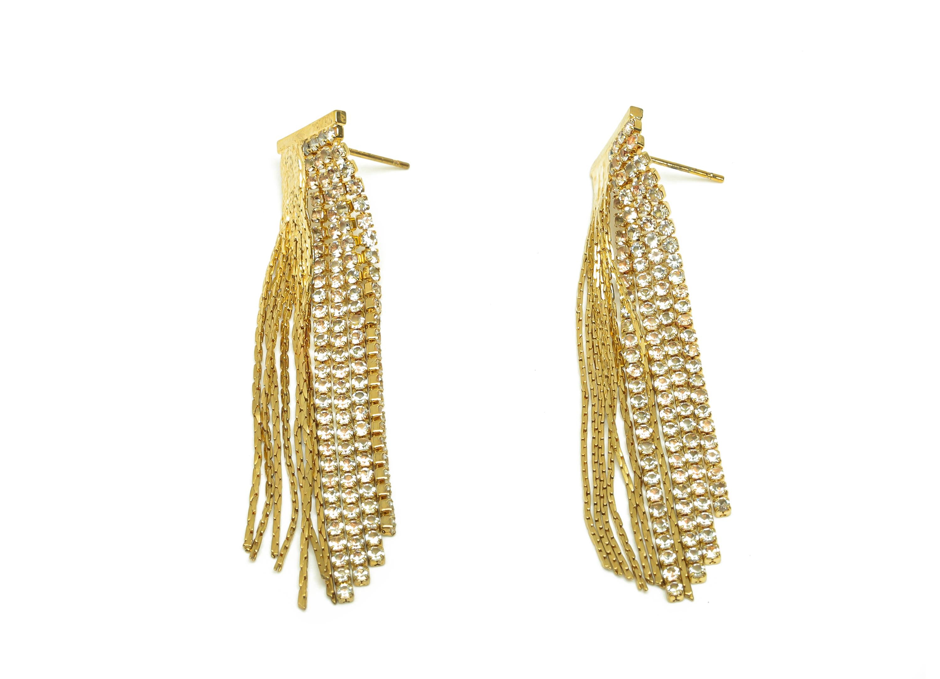 Brass Tassel Chian Earring - Zircon Snake Chian Earring Post - Gold CZ Long Chian Earring - 18K Real Gold Plated -56.5x12.26x1.96mm -RGP7619 - DOMEDBAZAAR