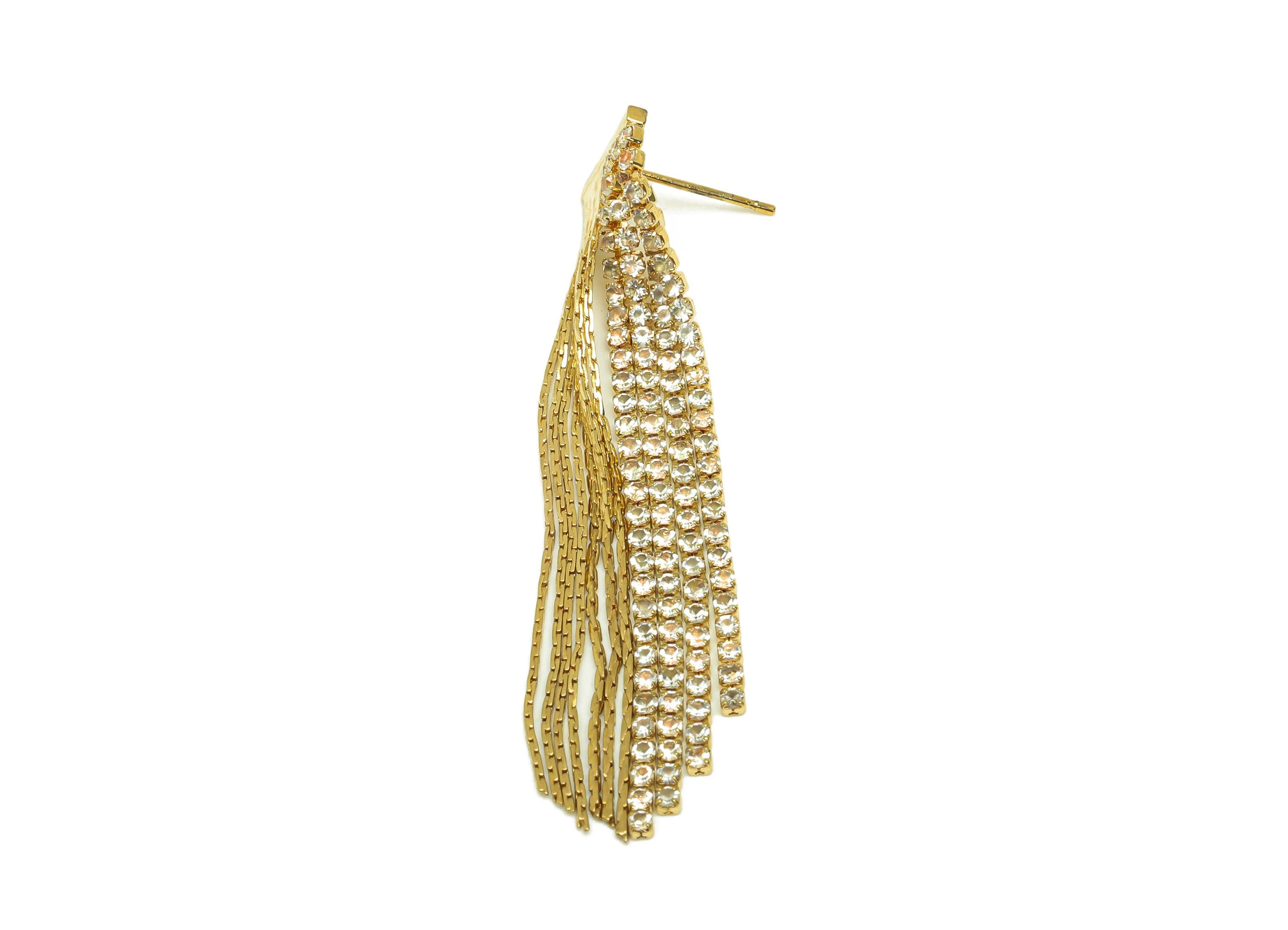 Brass Tassel Chian Earring - Zircon Snake Chian Earring Post - Gold CZ Long Chian Earring - 18K Real Gold Plated -56.5x12.26x1.96mm -RGP7619 - DOMEDBAZAAR