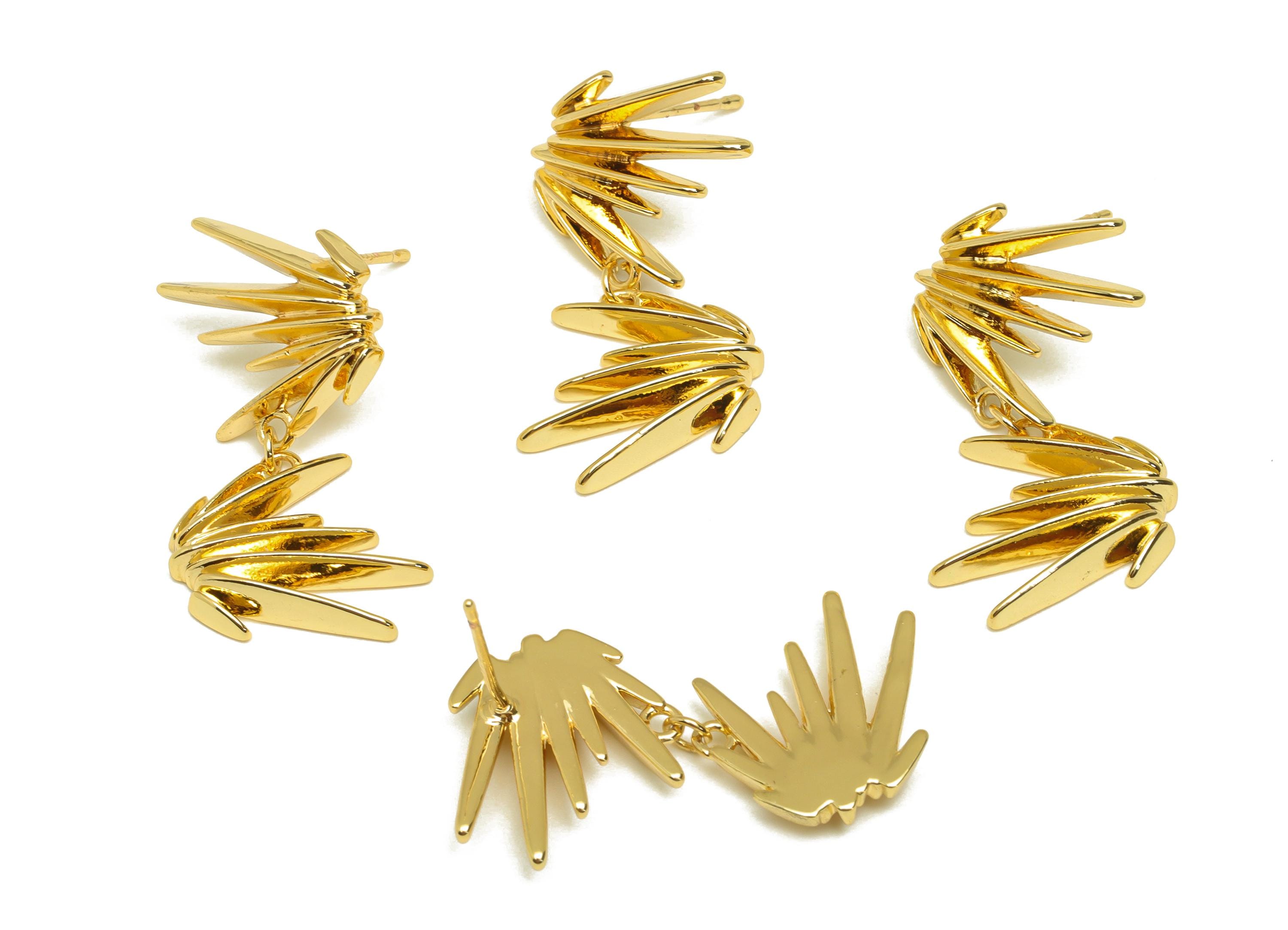 Brass Spikes Dangle Earring - Sunshine Hanging Earring Post - Gold Spikes Dangle Earring - 18K Real Gold Plated - 28.3x16.6x3.68mm - RGP7621 - DOMEDBAZAAR