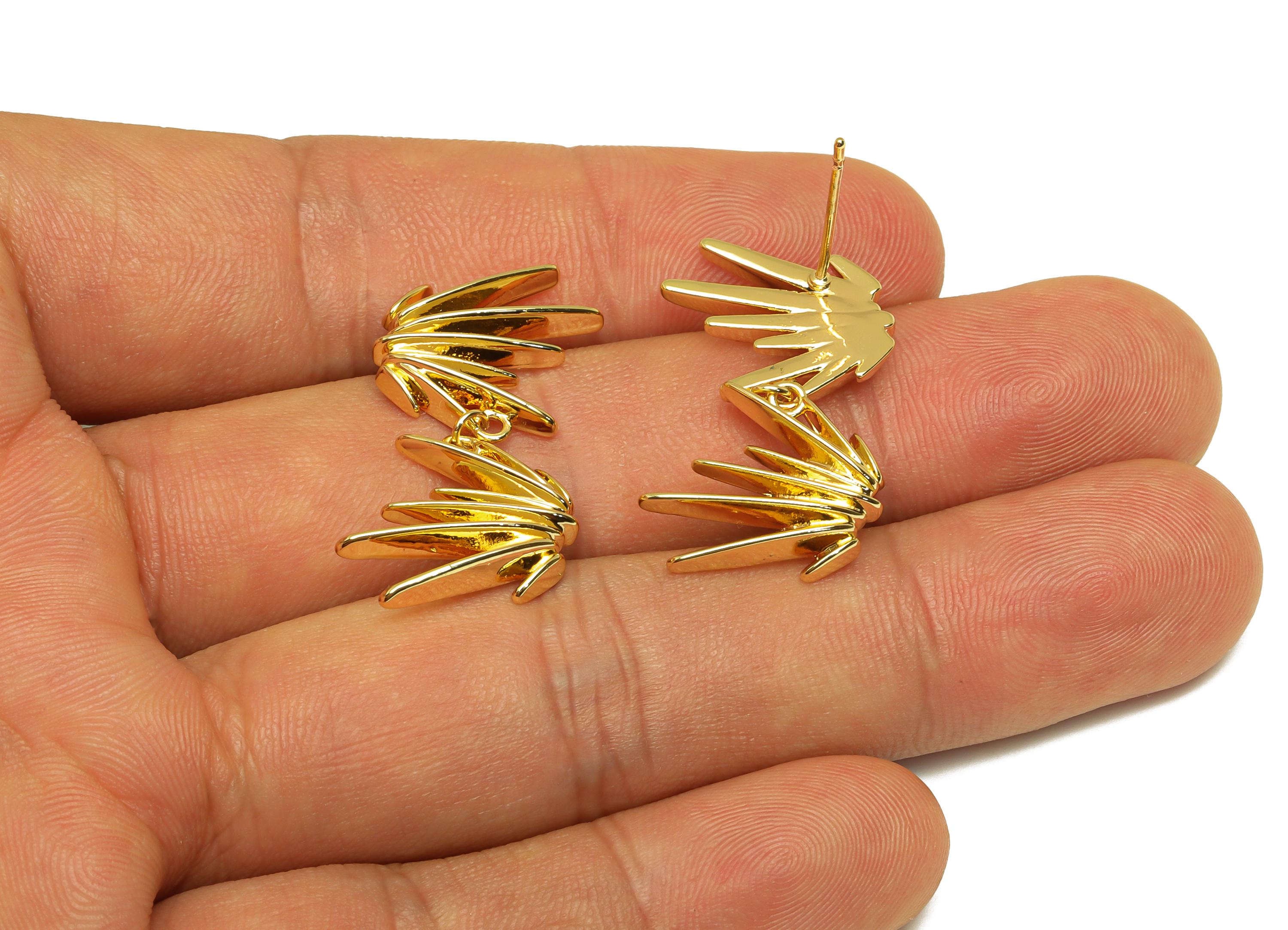 Brass Spikes Dangle Earring - Sunshine Hanging Earring Post - Gold Spikes Dangle Earring - 18K Real Gold Plated - 28.3x16.6x3.68mm - RGP7621 - DOMEDBAZAAR