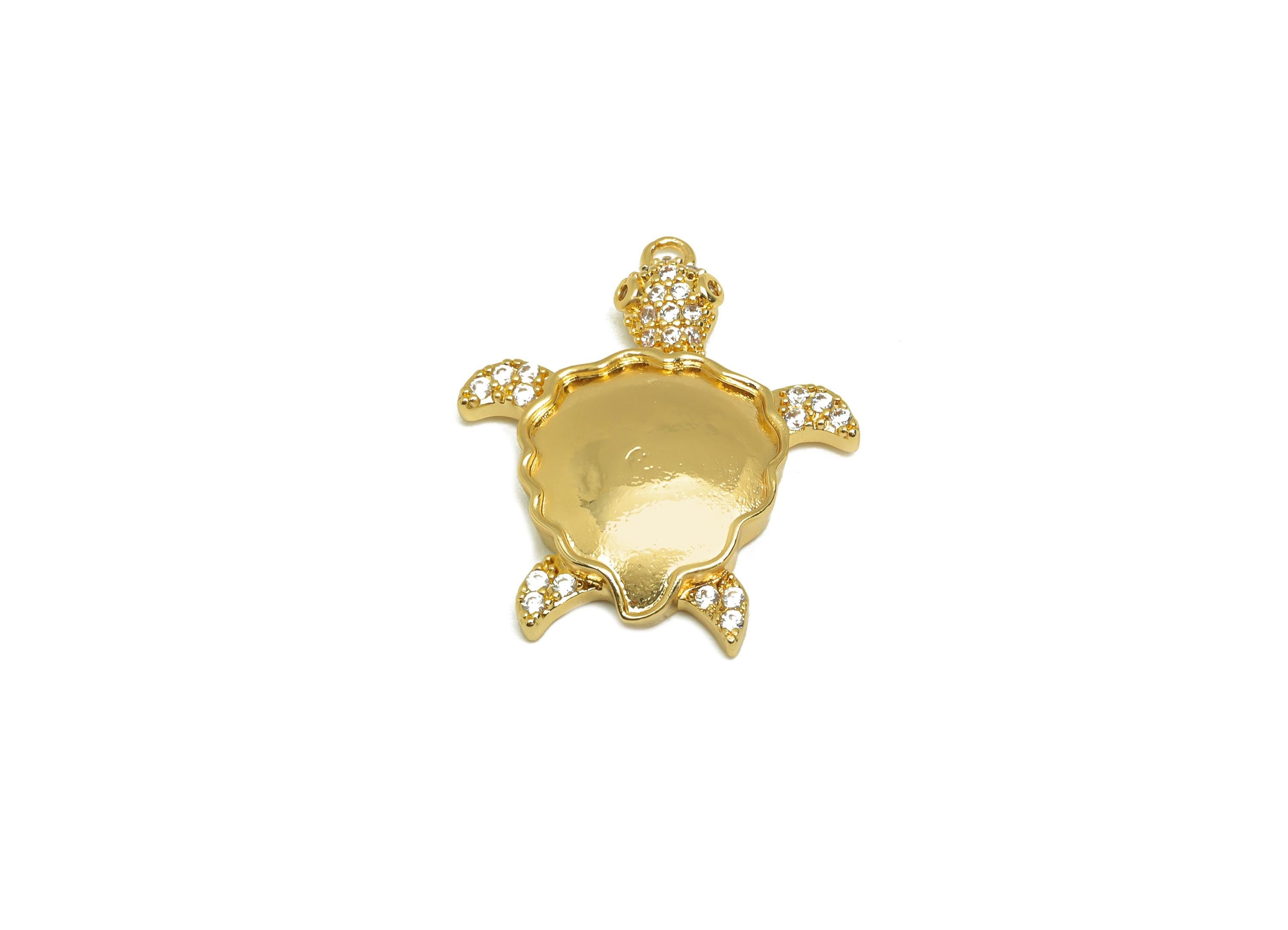 Brass Tortoise Zircon Charm - Gold Animal Tortoise Pendant - CZ Tortoise Earring Charm - 18K Real Gold Plating - 25.3x21.2x4.28mm - RGP7676 - DOMEDBAZAAR