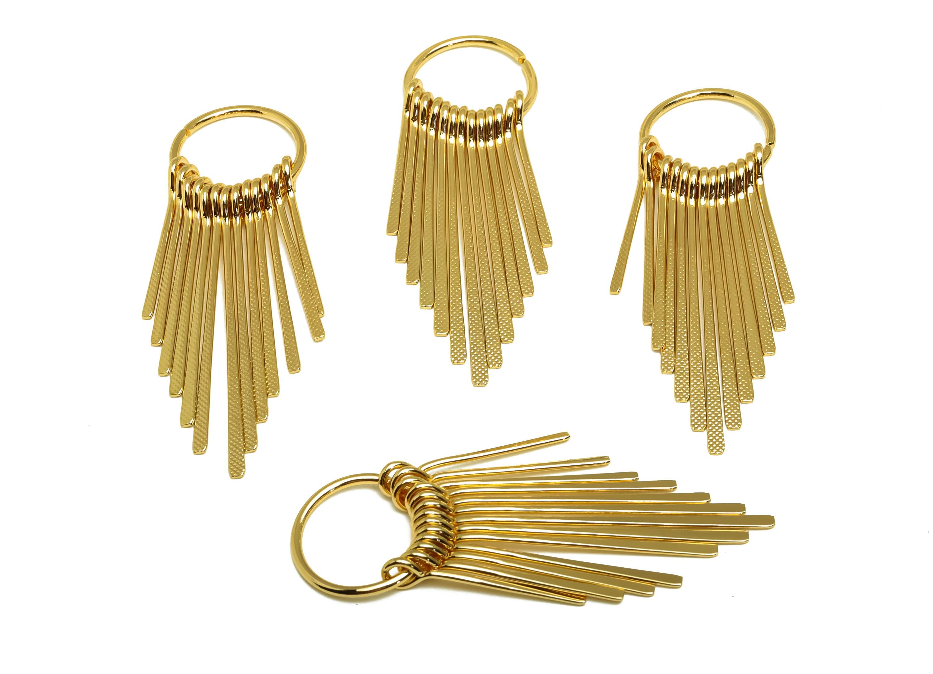 Brass Tassel Earring Charm - Brass Dangle Tassel Wire Earring Charm - Hammered Earring Charm - 18K Real Gold Plated - 63x19.84x1mm - RGP8181 - DOMEDBAZAAR