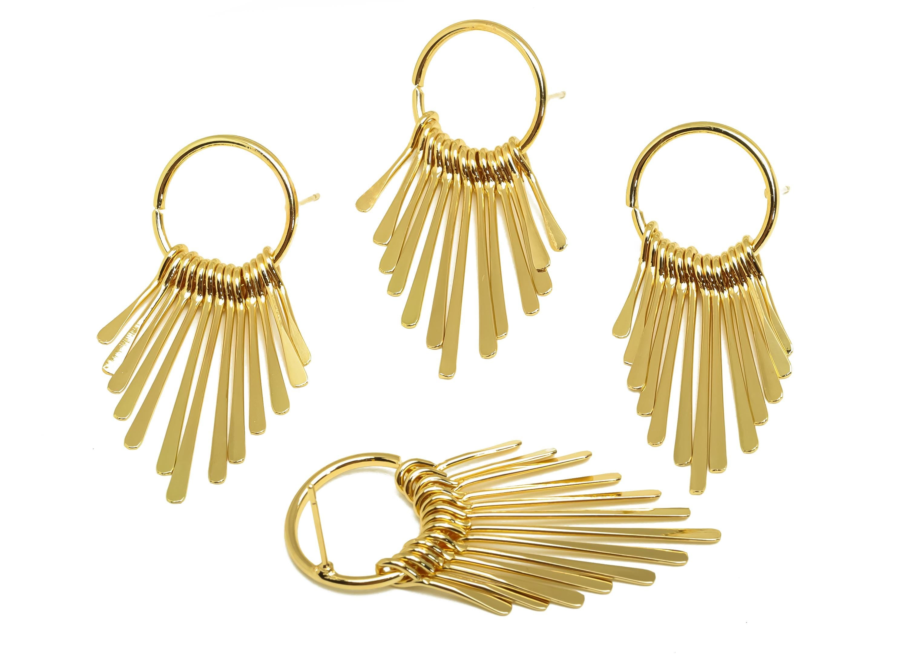 Brass Tassel Earring Stud - Brass Dangle Tassel Wire Earring Post - Hammered Tassel Earring Post - 18K Real Gold Plating - 48x18x1mm-RGP8168 - DOMEDBAZAAR