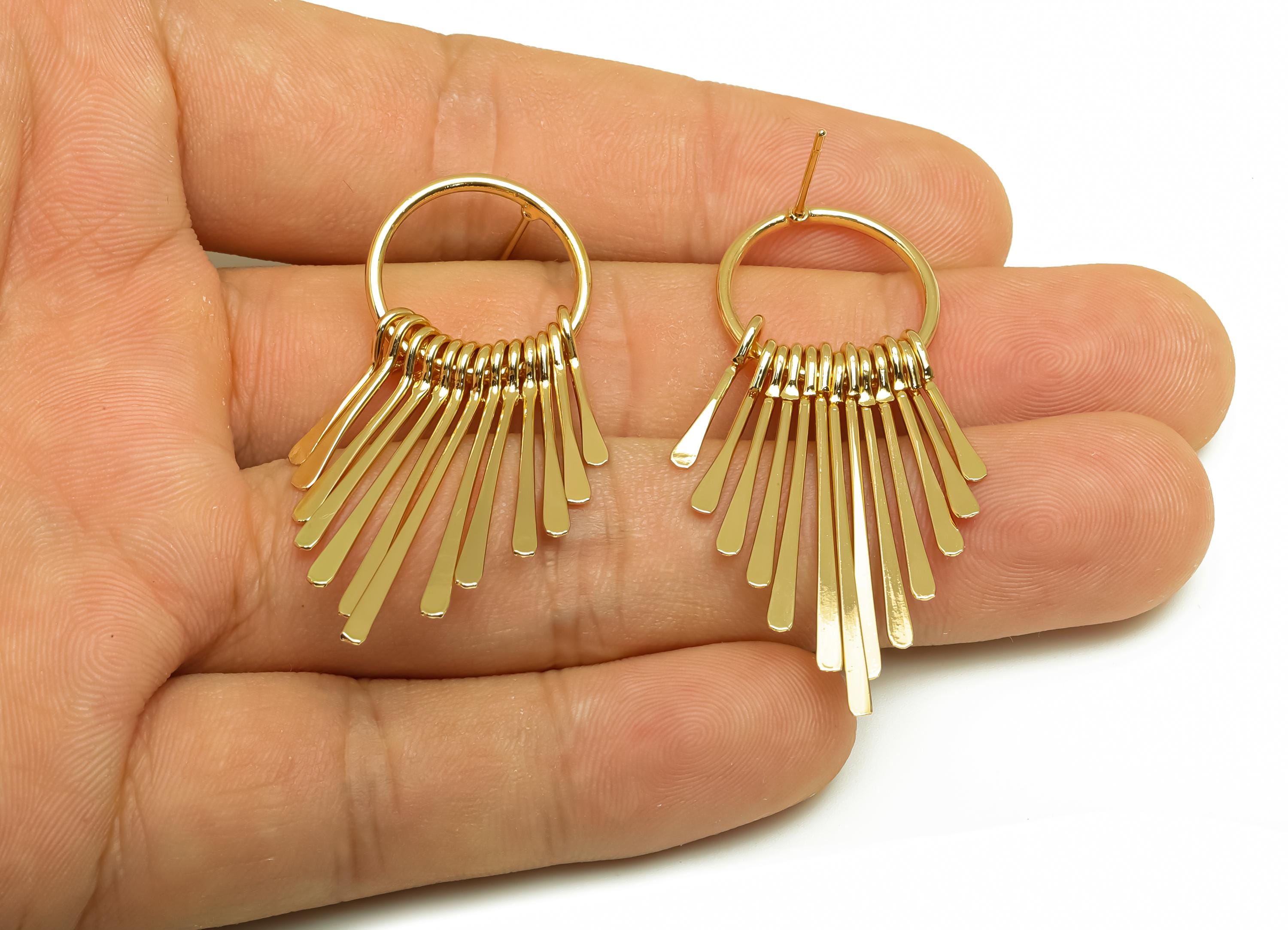 Brass Tassel Earring Stud - Brass Dangle Tassel Wire Earring Post - Hammered Tassel Earring Post - 18K Real Gold Plating - 48x18x1mm-RGP8168 - DOMEDBAZAAR
