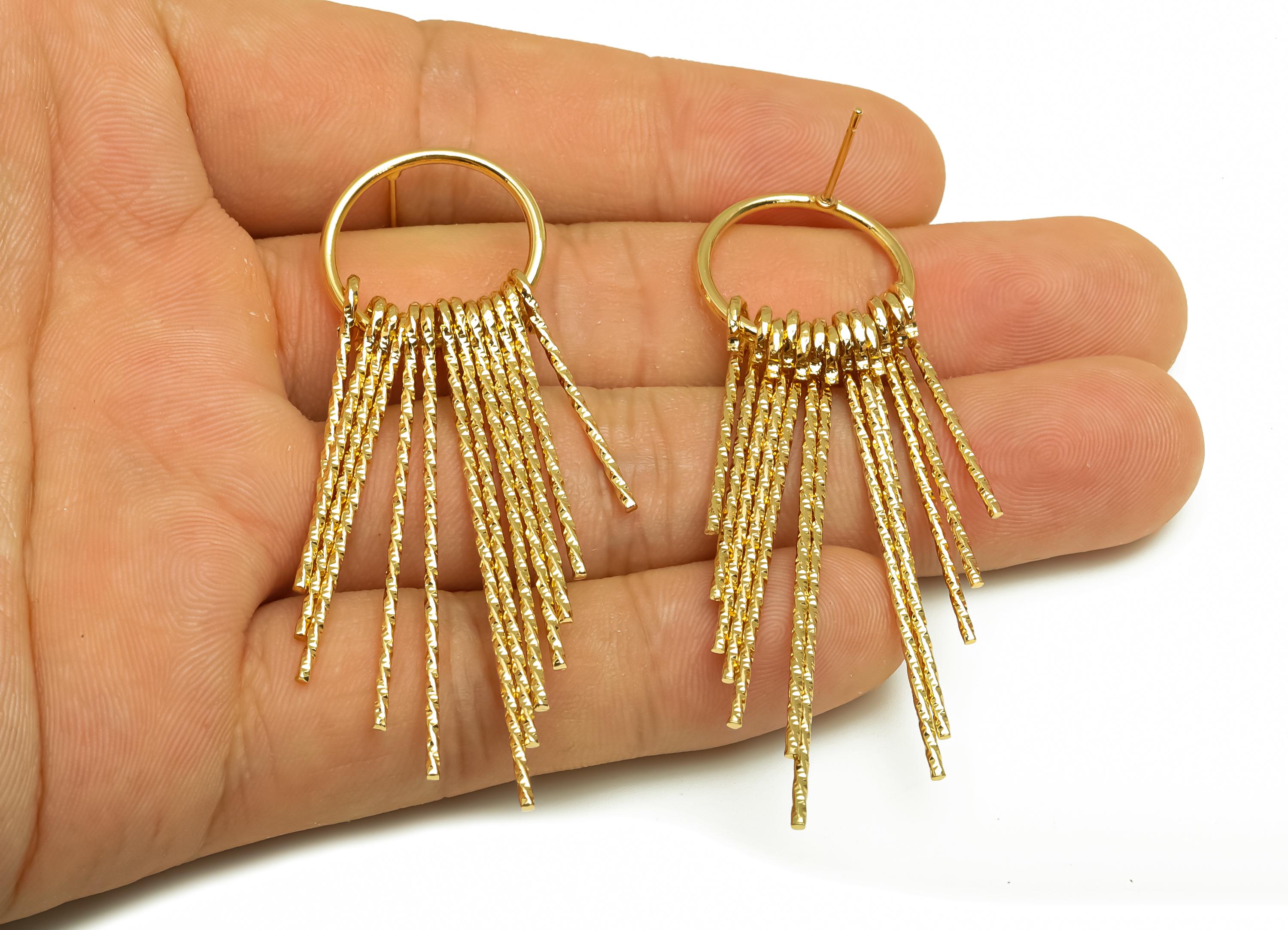 Brass Tassel Earring Stud - Brass Dangle Tassel Wire Earring Post - Textured Tassel Earring Post - 18K Real Gold Plating - 63x19x1mm-RGP8177 - DOMEDBAZAAR