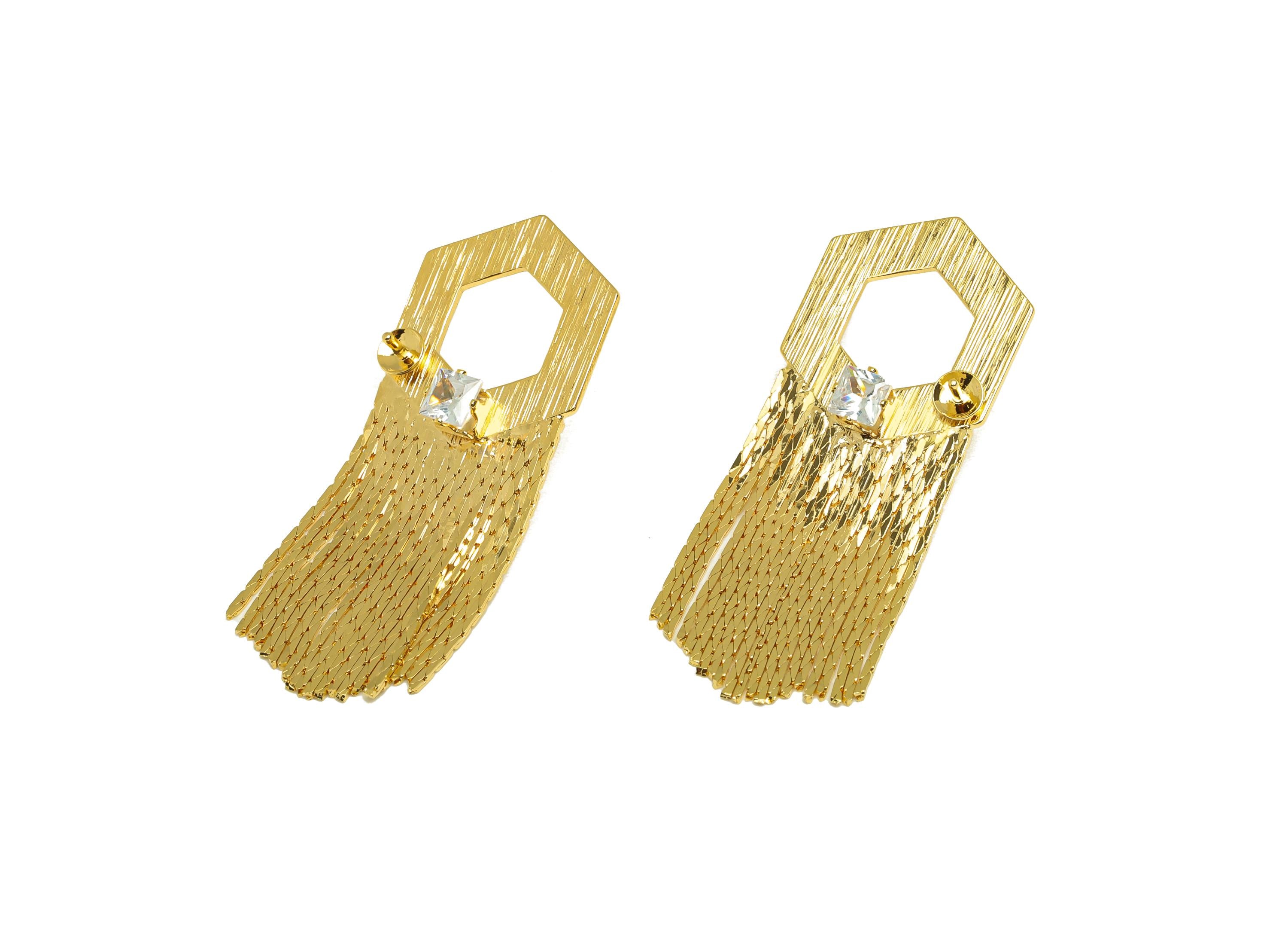 Brass Tassel Earring Charm - Hexagon Tassel Wire Earring Charm - Cubic Zircon Earring Charm - 18K Real Gold Plated - 45x17x0.8mm - RGP7326 - DOMEDBAZAAR