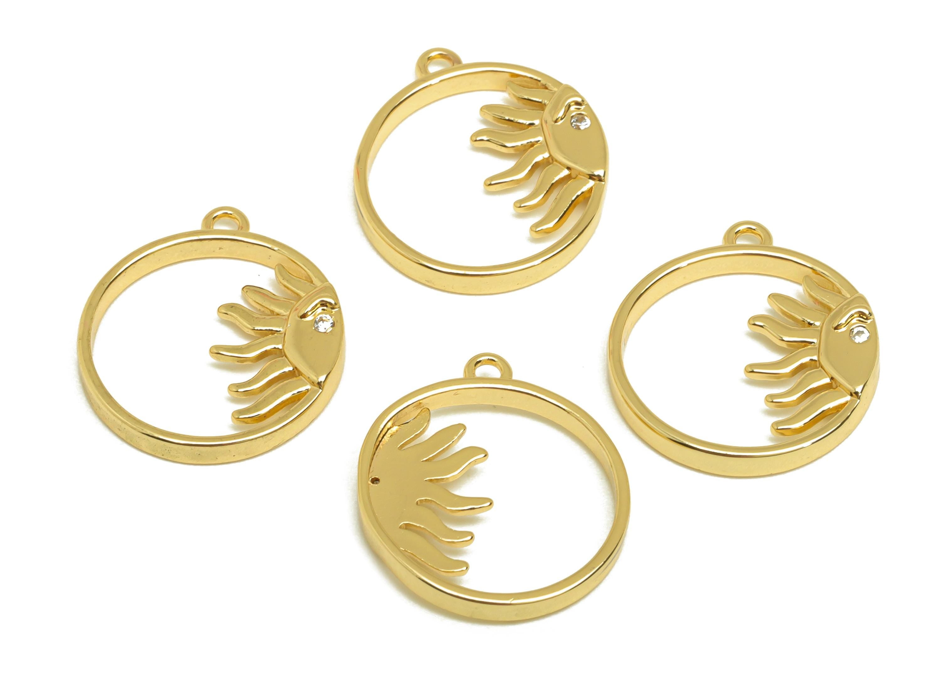 Brass Round Earring Charms - Gold Zircon Sunshine Pendant - CZ Round Half Sun Charms - 18K Real Gold Plating - 17.4x14.6x1.85mm - RGP7686 - DOMEDBAZAAR