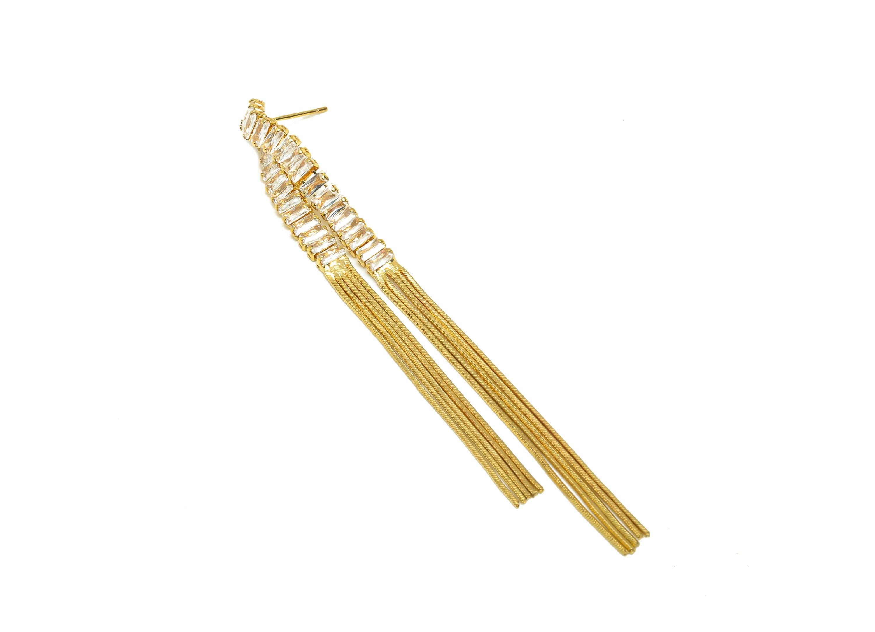 Brass Tassel Chian Ear - Rectangle Zircon Snake Chian Ear Post - Gold Snake Chian Tassel Earring Stud - 18K Real Gold Plated - 95mm -RGP7690 - DOMEDBAZAAR