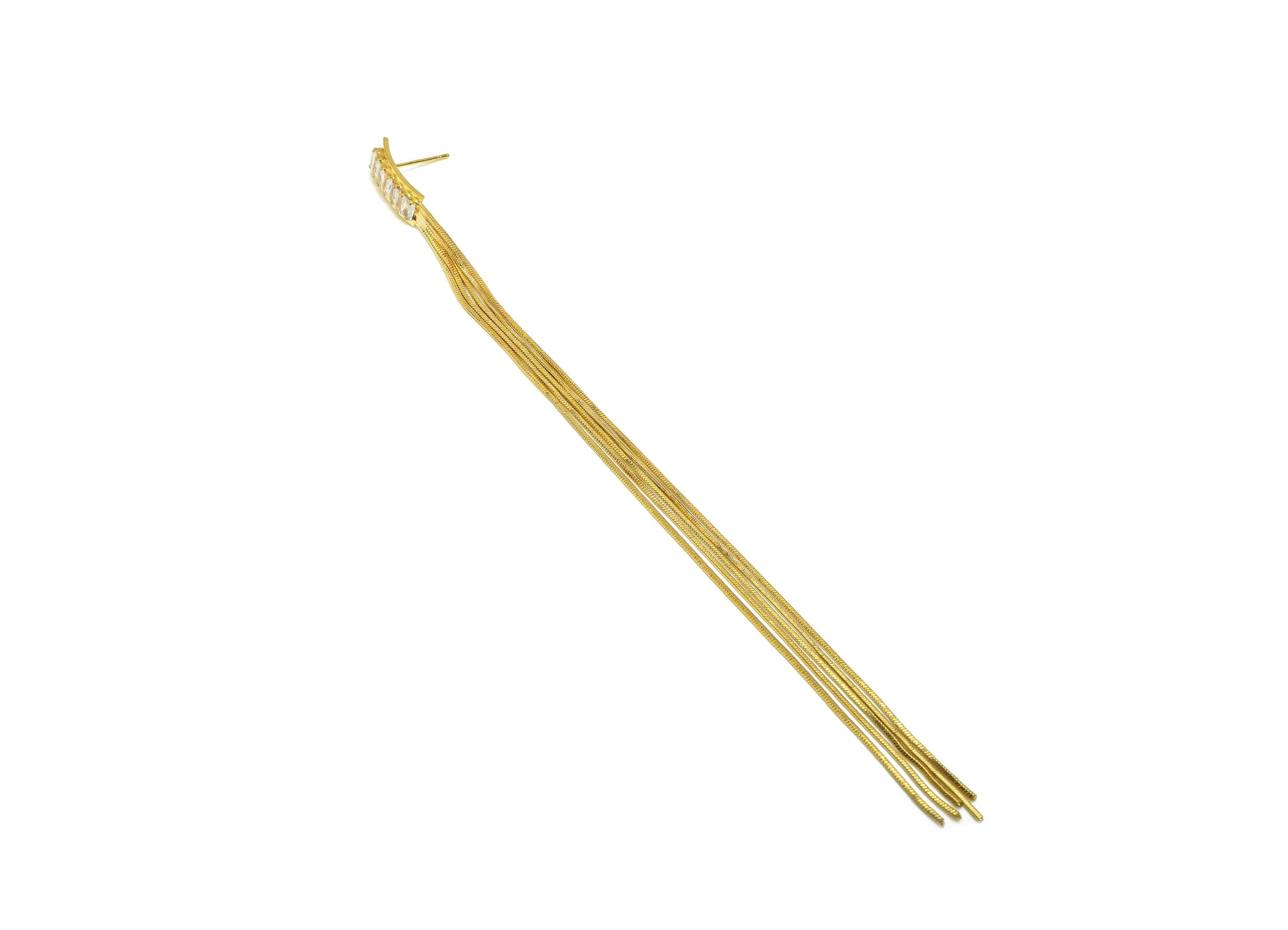 Brass Tassel Chian Ear - Rectangle Zircon Snake Chian Ear Post - Gold Snake Chian Tassel Earring Stud - 18K Real Gold Plated - 150 - RGP7692 - DOMEDBAZAAR