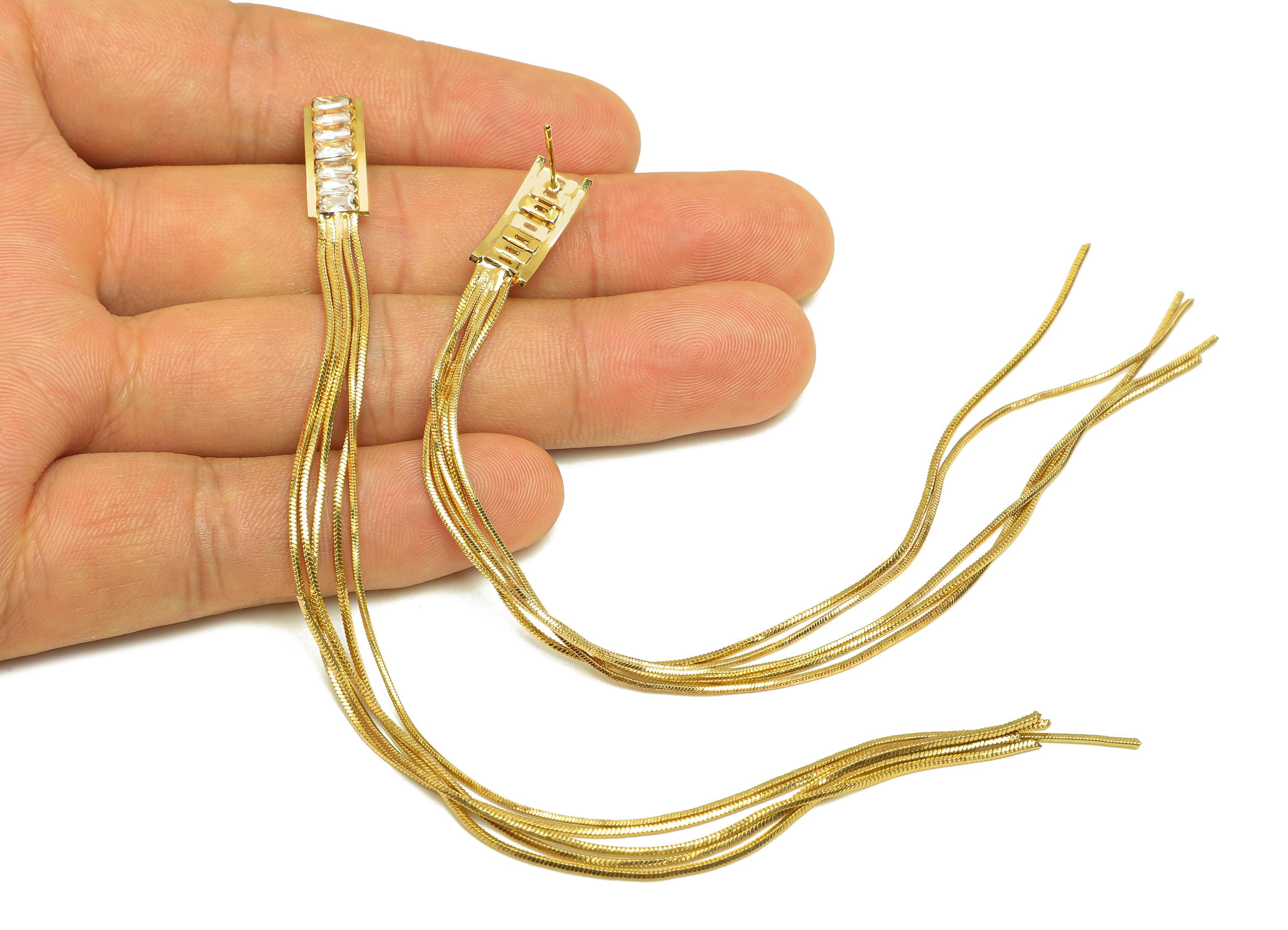 Brass Tassel Chian Ear - Rectangle Zircon Snake Chian Ear Post - Gold Snake Chian Tassel Earring Stud - 18K Real Gold Plated - 150 - RGP7692 - DOMEDBAZAAR