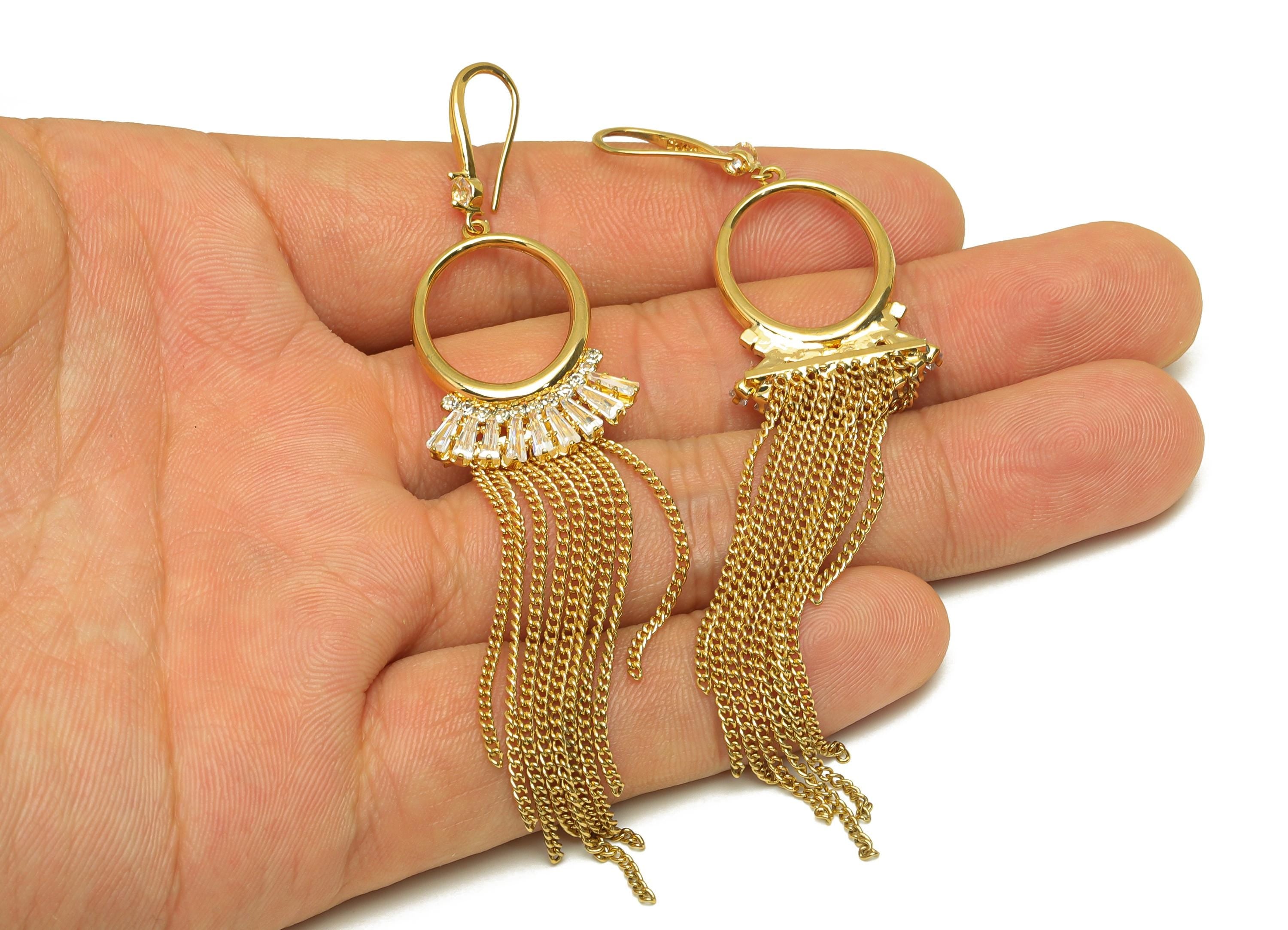 Brass CZ Dangle Earring - Cubic Zircon Oval Dangle Tassel Earring Wire - Dangle Zircon Earring Wire - 18K Real Gold Plating - 104mm- RGP7693 - DOMEDBAZAAR