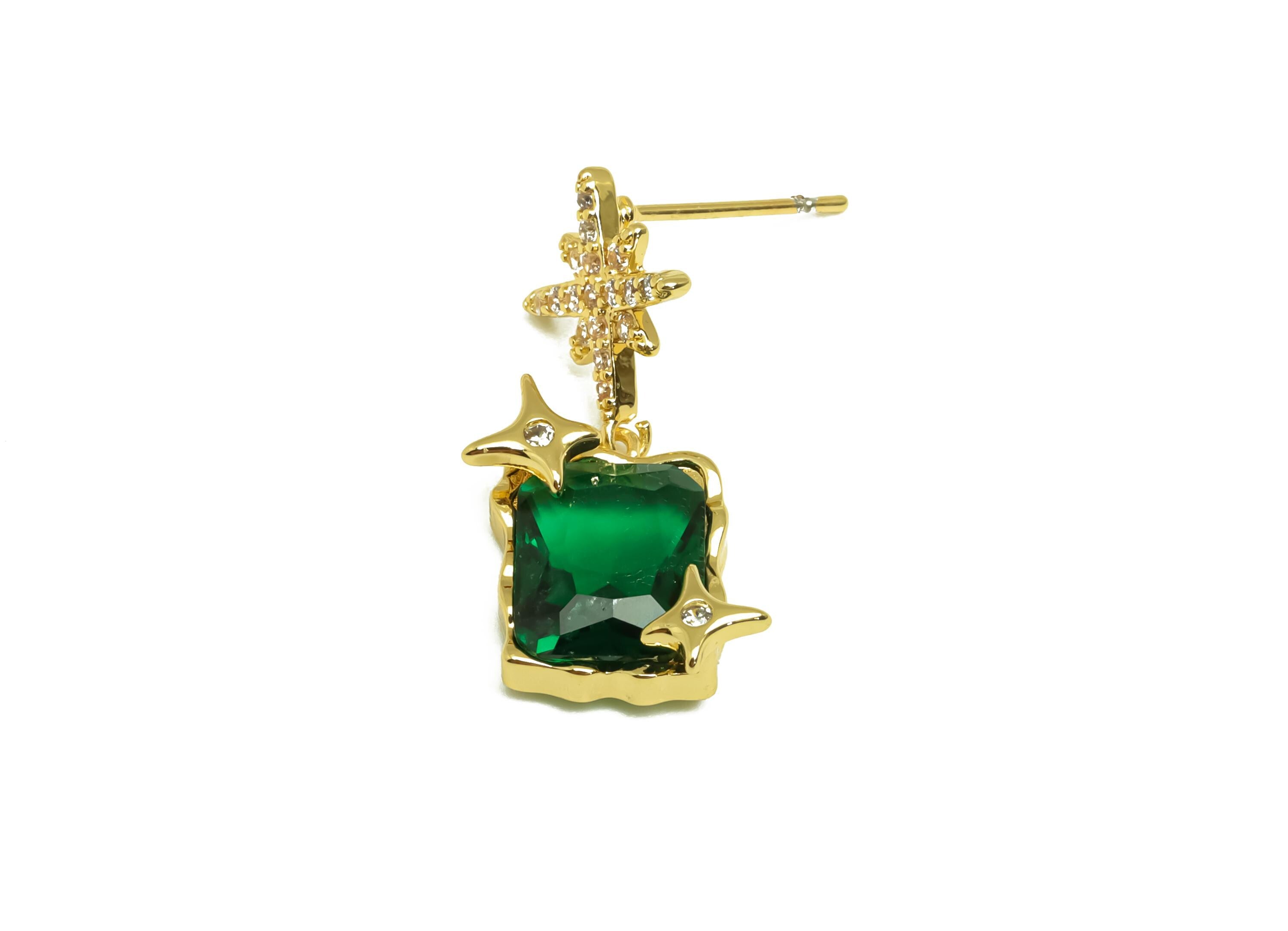 Brass CZ Earring Stud - Brass Dangle Cubic Zircon Earring Post - Star Green CZ Earring Post - 18K Real Gold Plating -25x12x5mm - RGP8152 - DOMEDBAZAAR