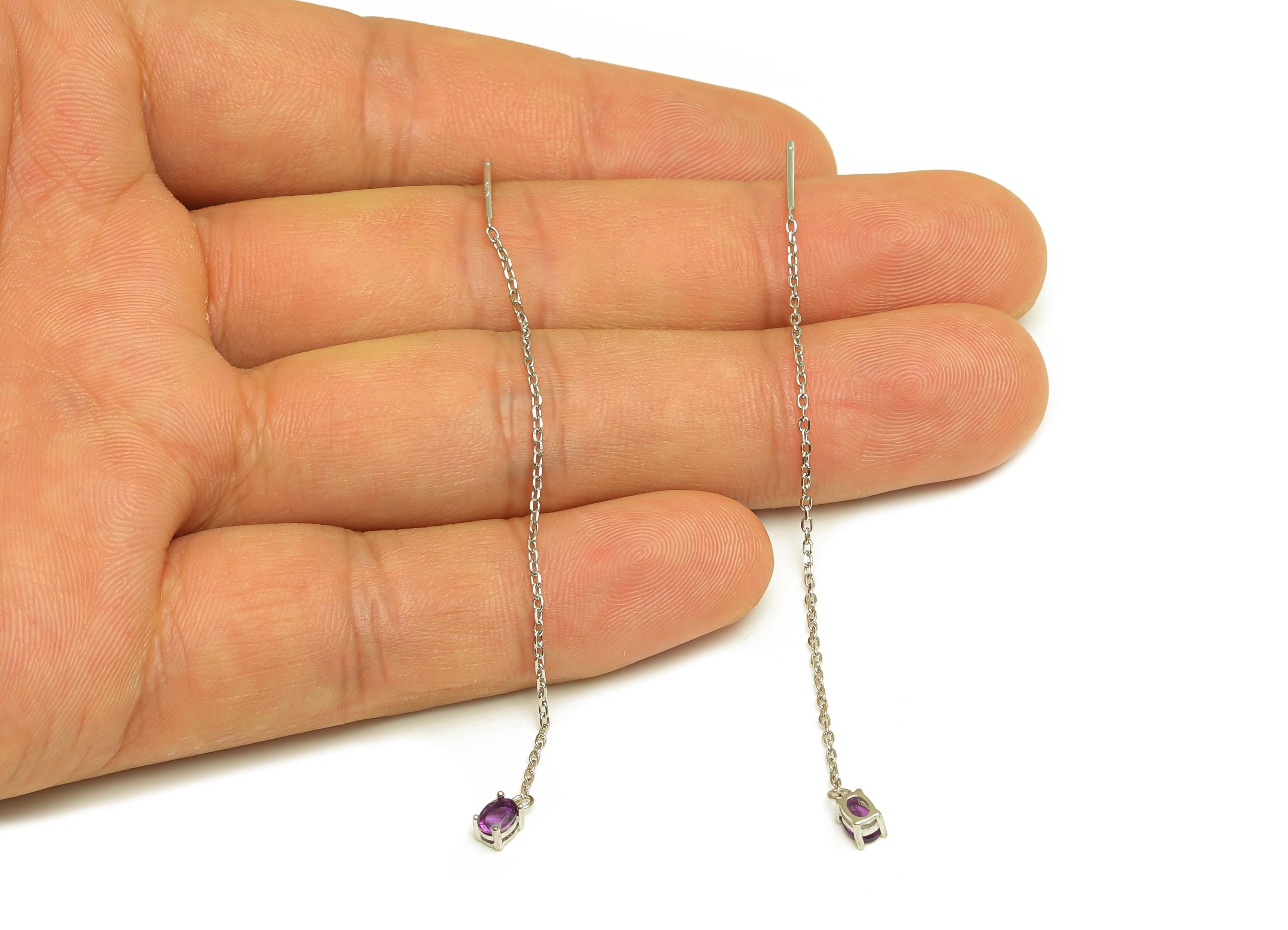 Amethyst Tassel Earring Post - 925 Silver Oval Crystal Earring Post - Natural Stone Dangle Gemstone Silver Earring Post - 82x3mm - RGP7344A - DOMEDBAZAAR