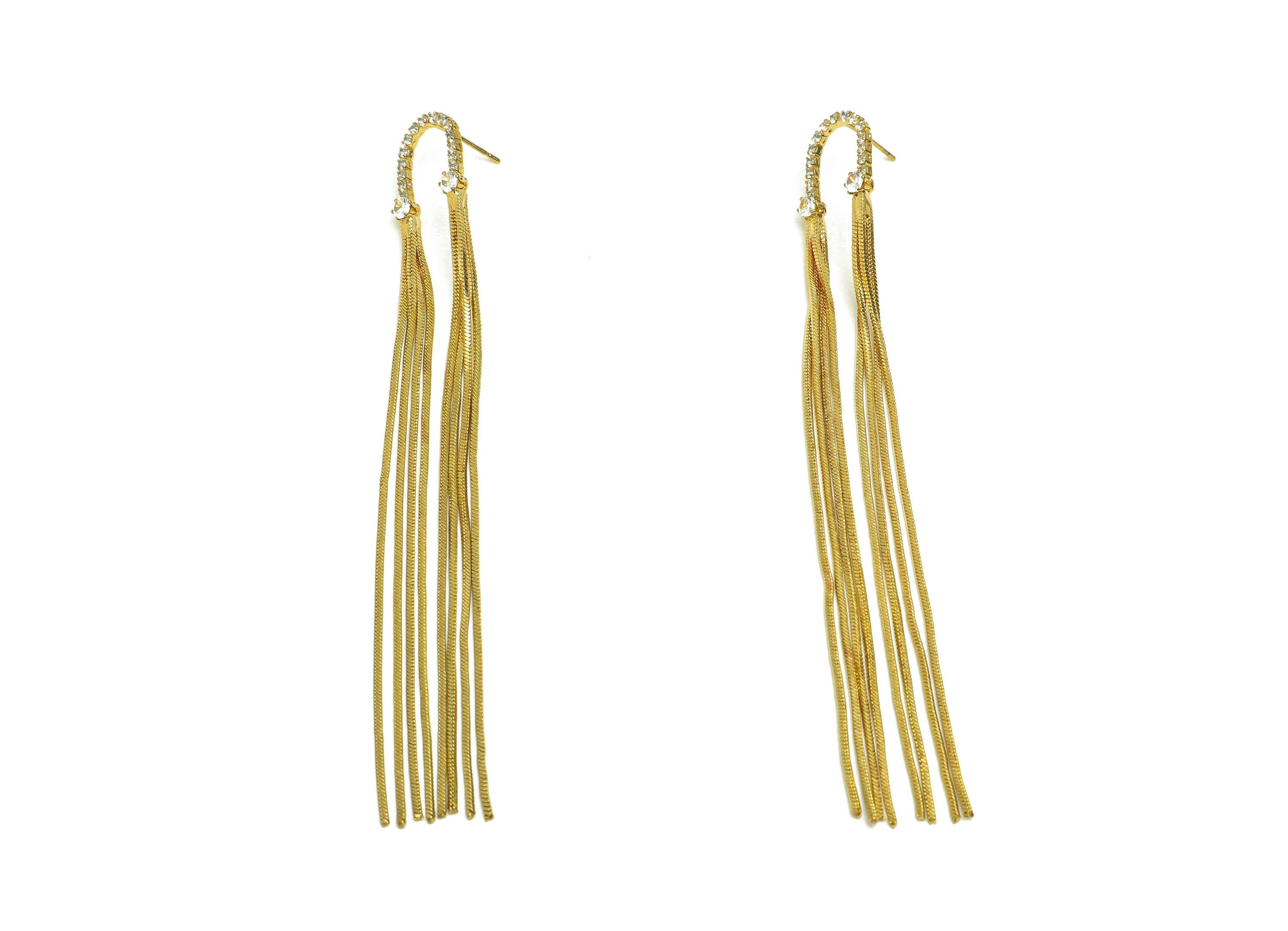 Brass Tassel Chian Ear - Arch Zircon Snake Chian Ear Post - Gold Snake Chian Tassel Earring Stud - 18K Real Gold Plated - 107mm - RGP7694 - DOMEDBAZAAR