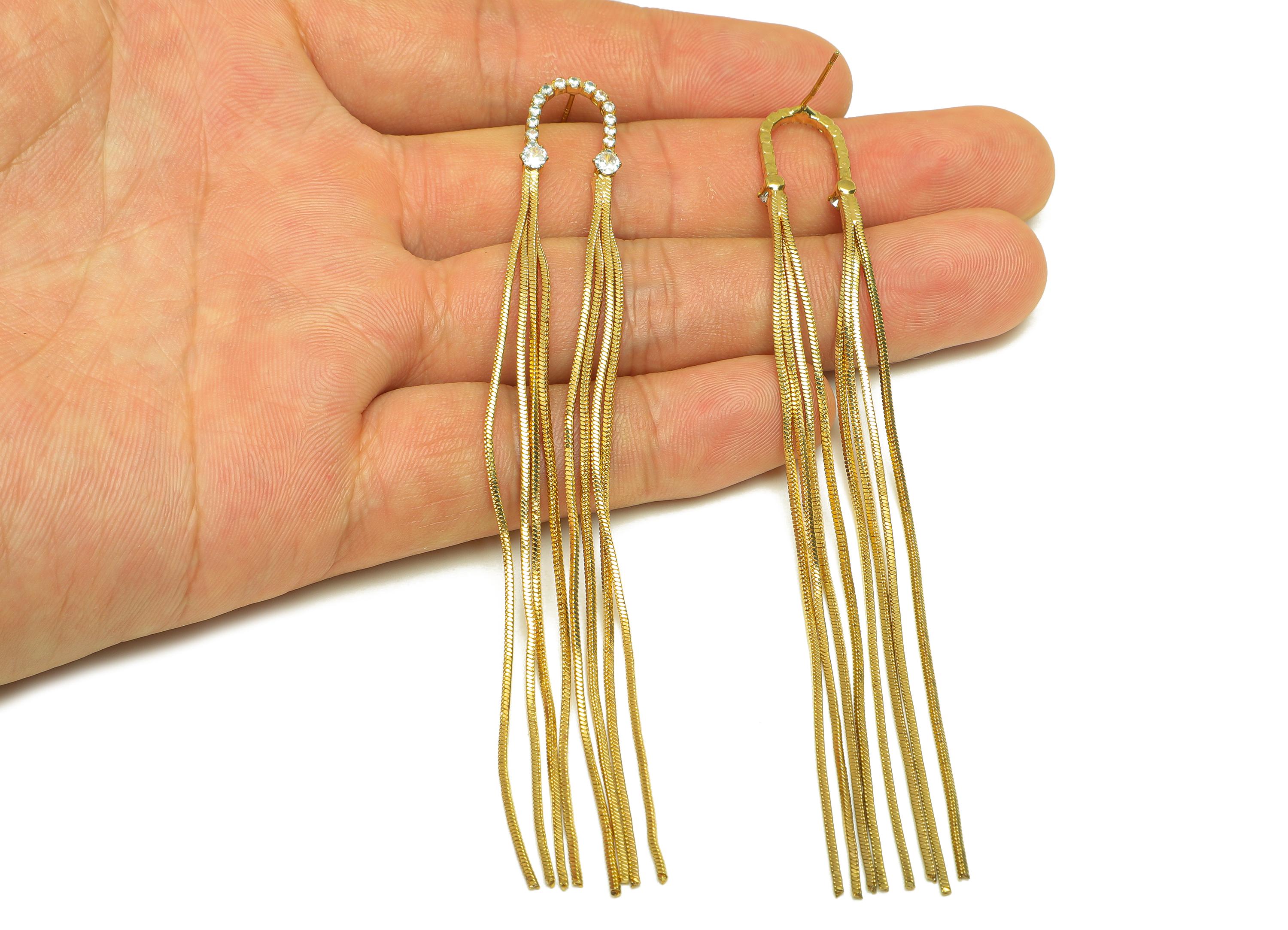 Brass Tassel Chian Ear - Arch Zircon Snake Chian Ear Post - Gold Snake Chian Tassel Earring Stud - 18K Real Gold Plated - 107mm - RGP7694 - DOMEDBAZAAR