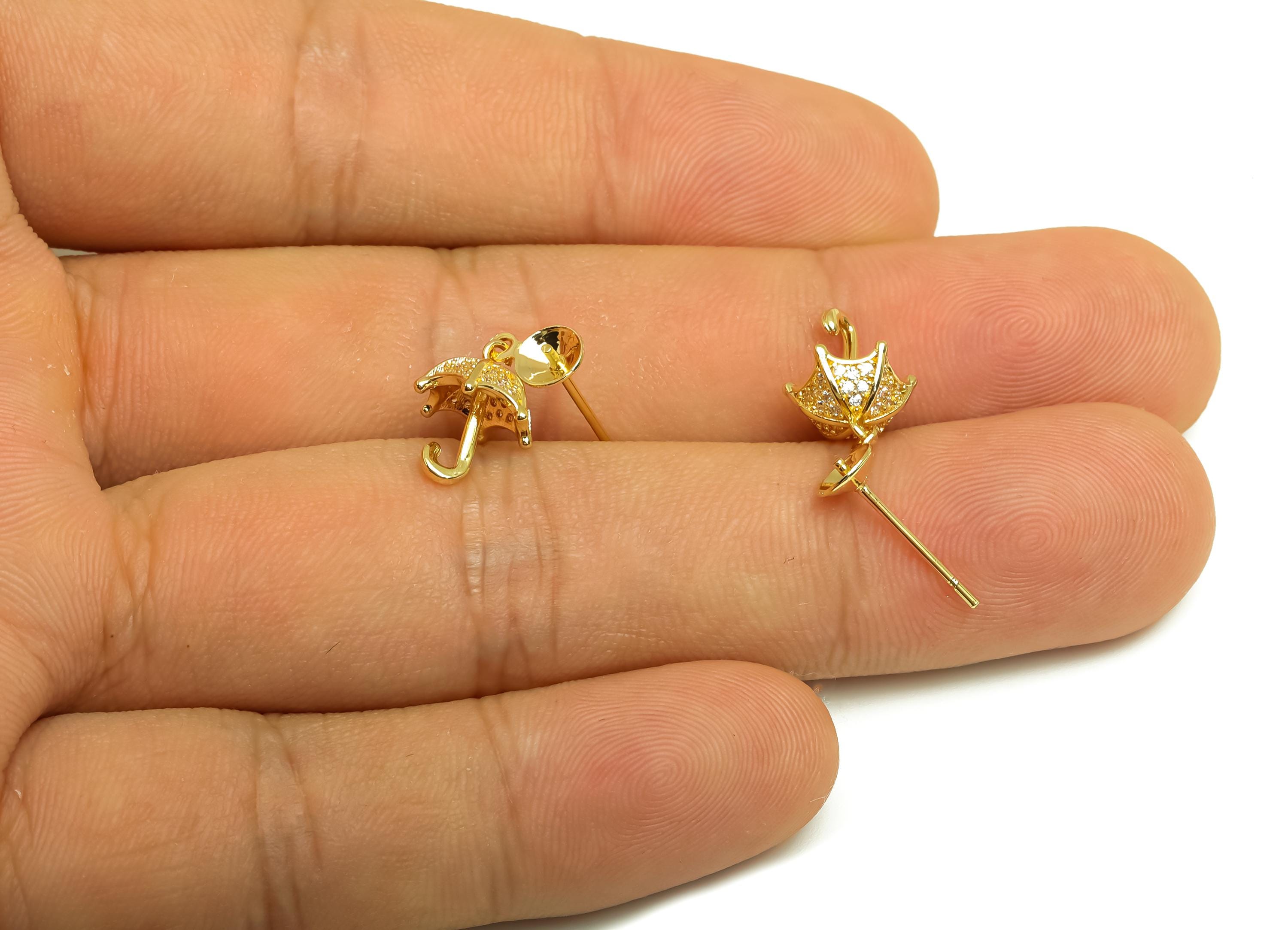 Brass CZ Earring Stud - Brass Umbrella Cubic Zircon Earring Post - Earring For Pearl Setting - 18K Real Gold Plating - 42x8.03x8mm - RGP8151 - DOMEDBAZAAR