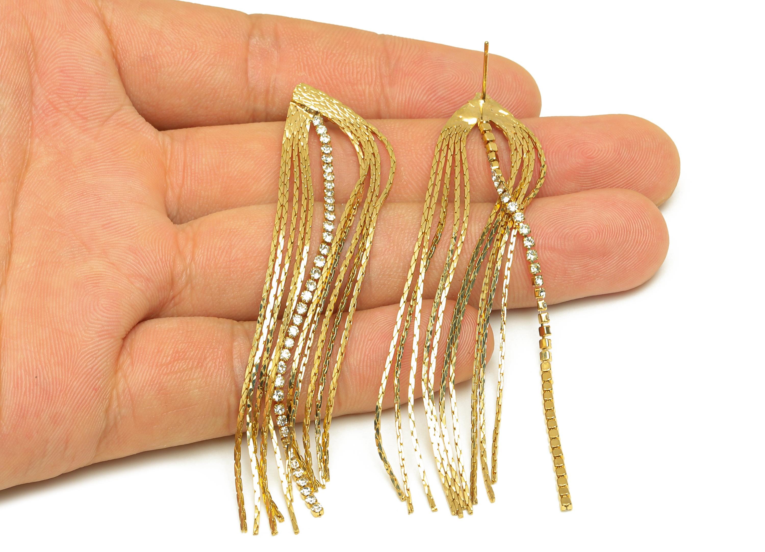 Brass Tassel Chian Earring - Zircon Snake Chian Earring Post - Gold Snake Chian Tassel Earring Stud - 18K Real Gold Plated - 82mm - RGP7697 - DOMEDBAZAAR