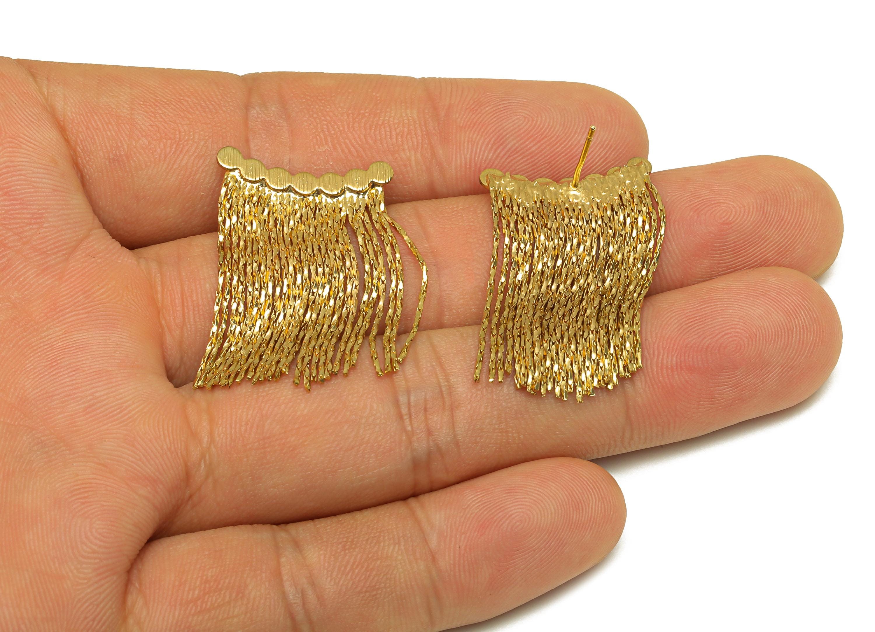 Brass Snake Chain Earring - Gold Beads Bar Tassel Earring Stud - Textured Curved Snake Chain Ear Post - 18K Real Gold Plated -30mm - RGP7699 - DOMEDBAZAAR