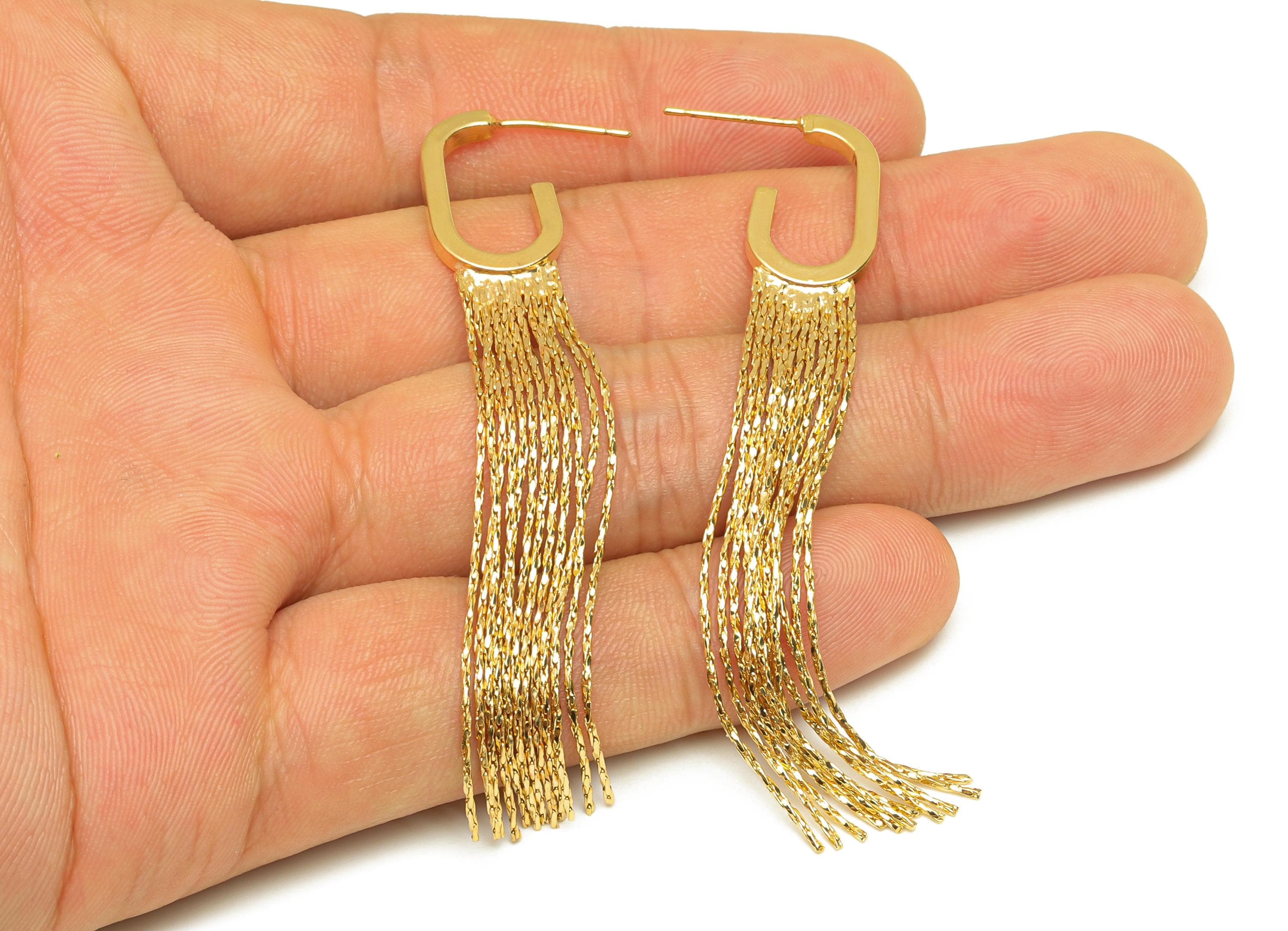 Brass Tassel Earring Stud - Open Rectangle Snake Chian Earring Post - Gold Snake Chian Tassel Earring - 18K Real Gold Plated - 73mm- RGP7700 - DOMEDBAZAAR