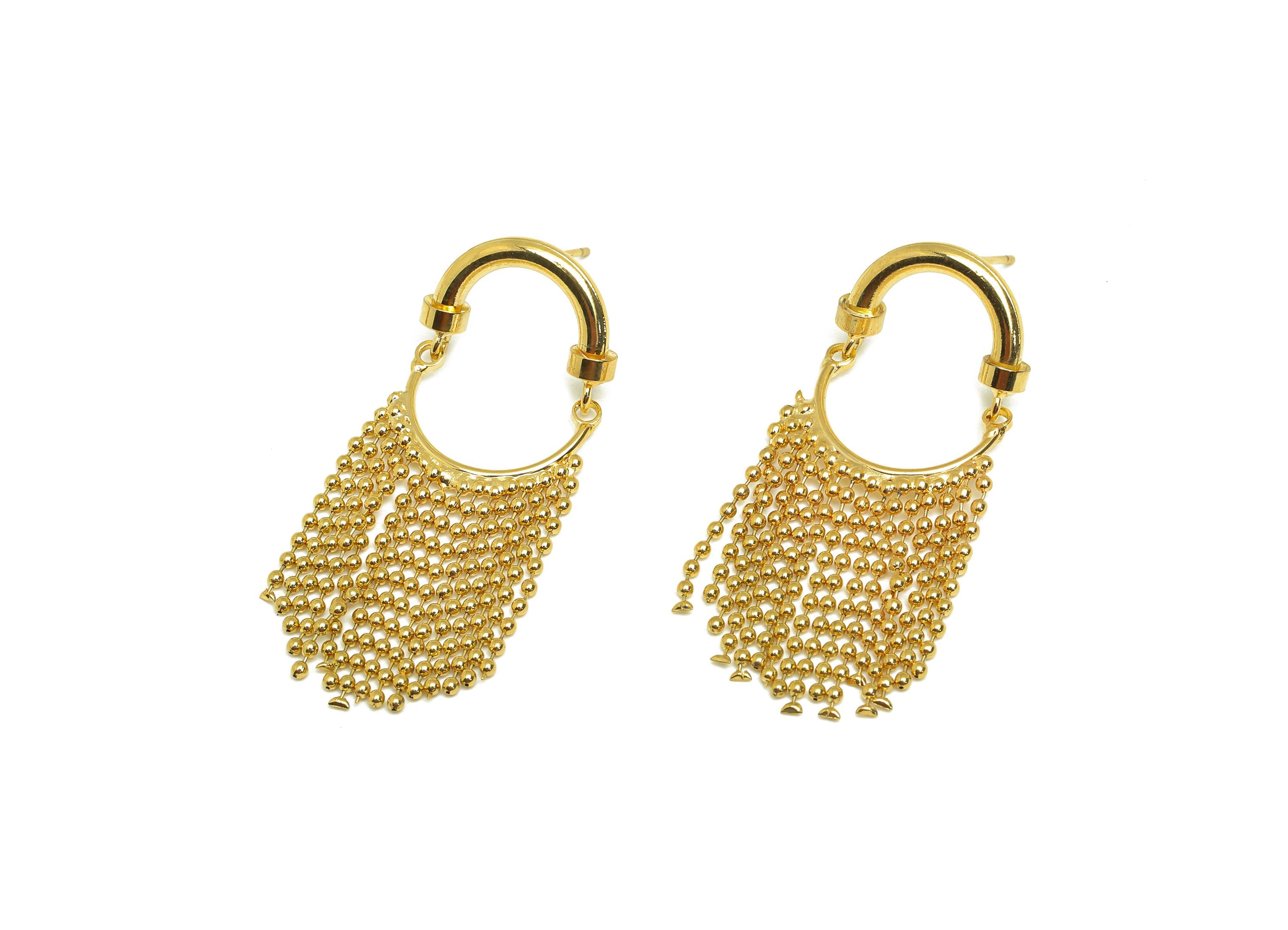 Brass Beads Chain Ear - Gold Semicircle Chain Tassel Earring Stud - Beads Chain Dangle Earring Post - 18K Real Gold Plating - 45mm - RGP7701 - DOMEDBAZAAR
