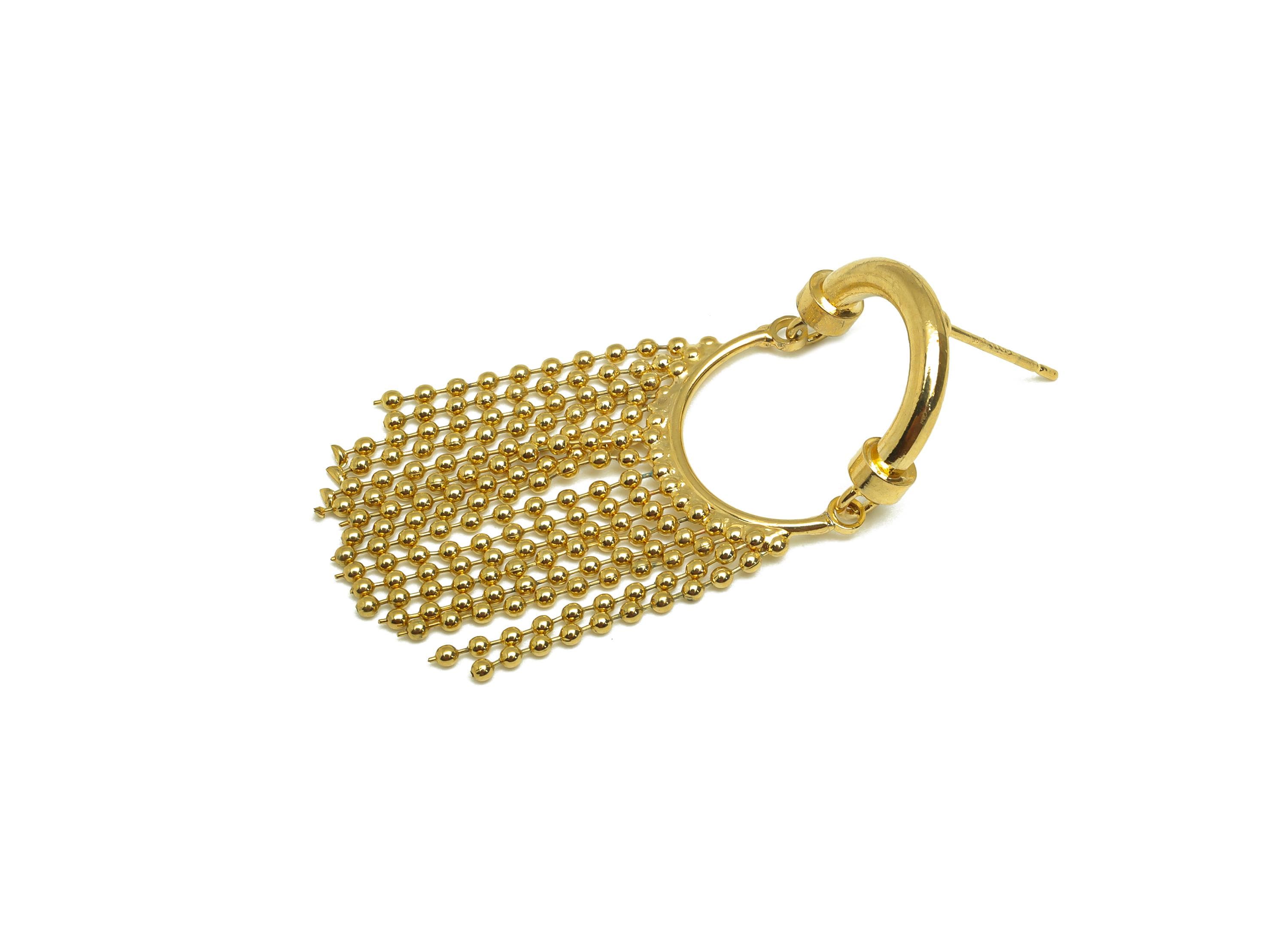 Brass Beads Chain Ear - Gold Semicircle Chain Tassel Earring Stud - Beads Chain Dangle Earring Post - 18K Real Gold Plating - 45mm - RGP7701 - DOMEDBAZAAR