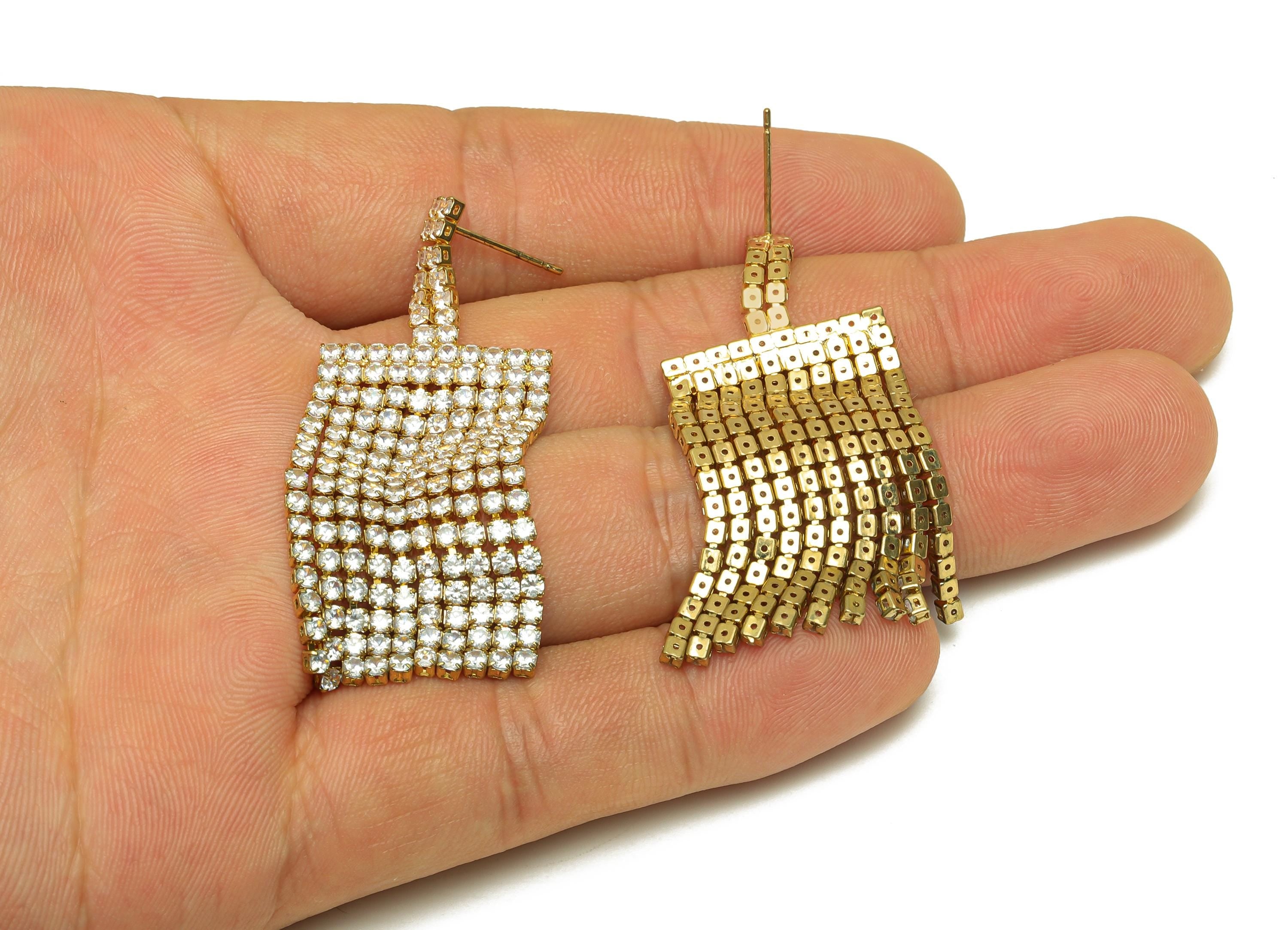 Brass Zircon Chian Earring - Cubic Zircon Chian Earring Post - Gold Zircon Chian Tassel Earring Stud - 18K Real Gold Plated - 54mm - RGP7702 - DOMEDBAZAAR