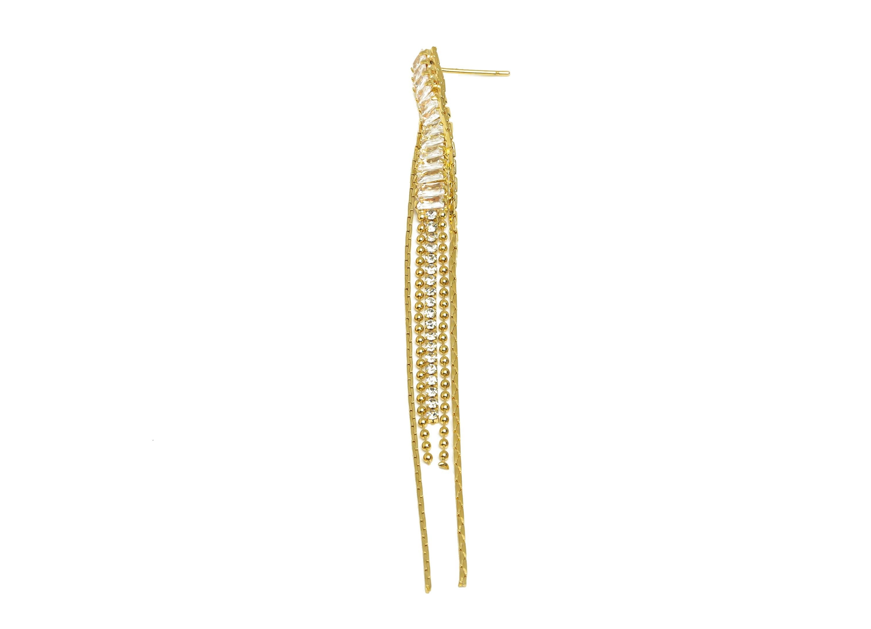 Brass Tassel Chian Ear - Rectangle Zircon Snake Chian Ear Post - Gold Snake Chian Tassel Earring Stud - 18K Real Gold Plated - 93mm -RGP7703 - DOMEDBAZAAR