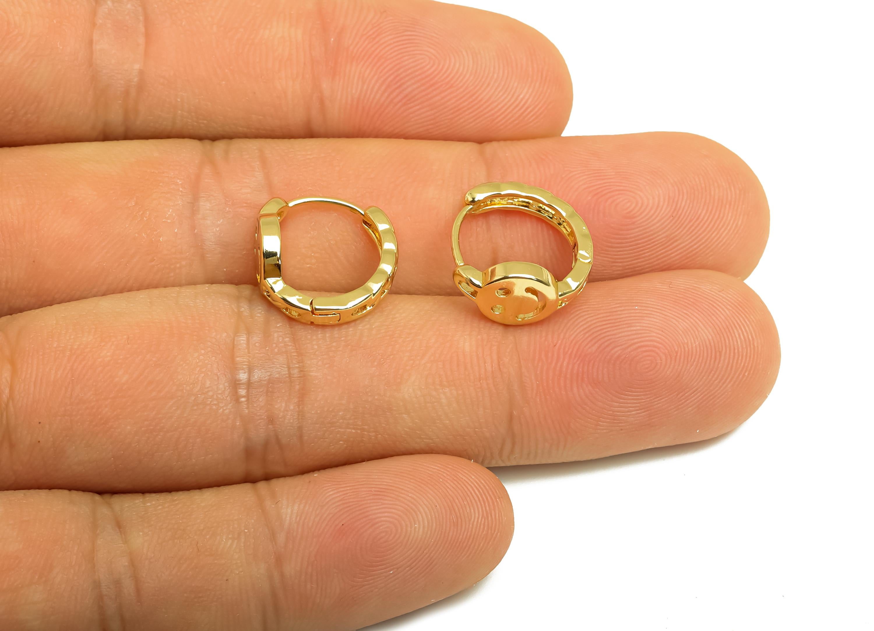 Brass Chain Hoop Earring - Brass Hoop Huggie Earring - Happy Face Hoop Clasp Earring - 18K Real Gold Plating - 13.91x13.4x7.7mm - RGP8161 - DOMEDBAZAAR