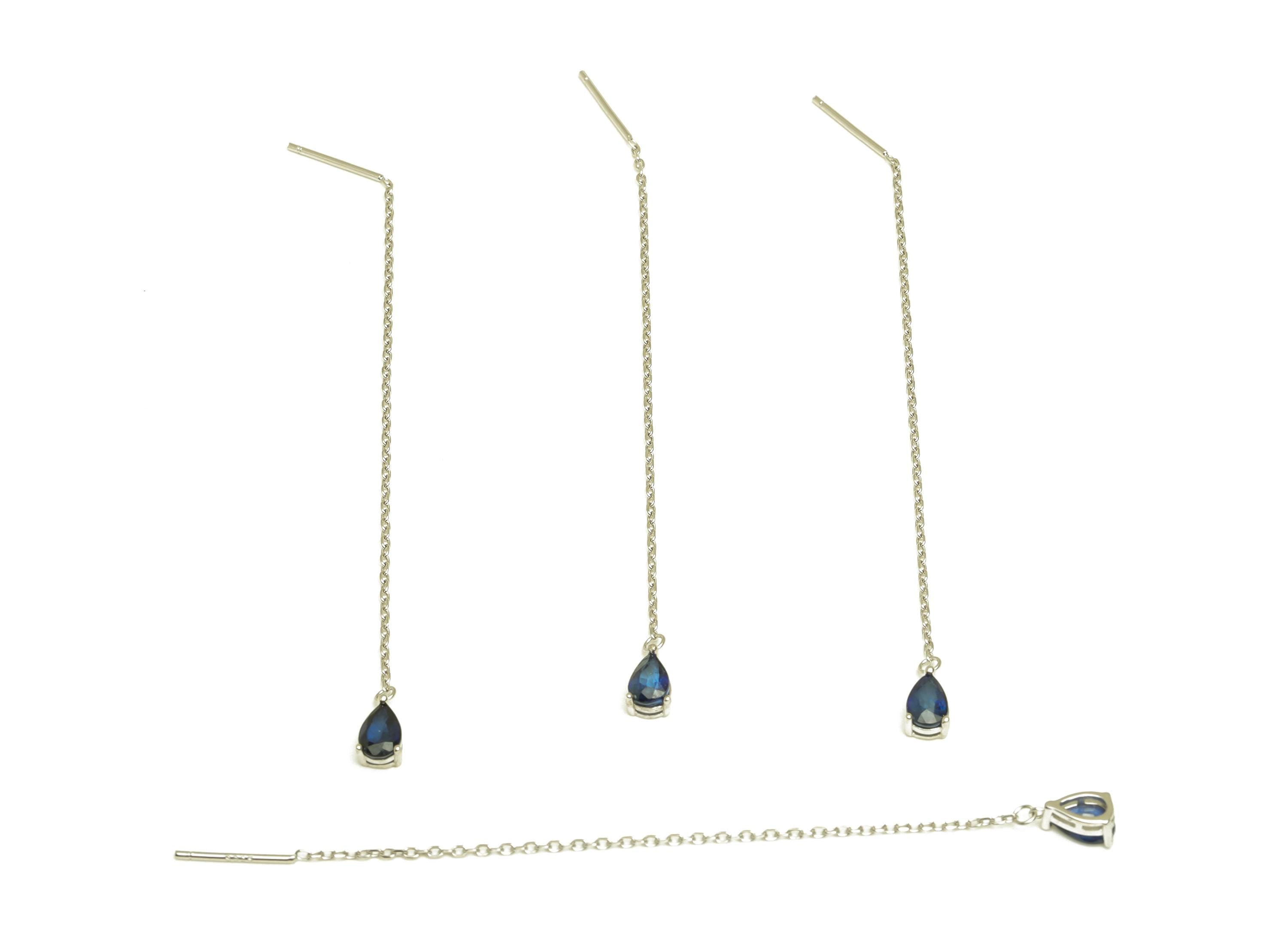 Sapphire Tassel Earring Post - Teardrop Silver Crystal Earring Post - Natural Stone Dangle Gemstone Earring Post - 86x3mm - RGP7345C - DOMEDBAZAAR