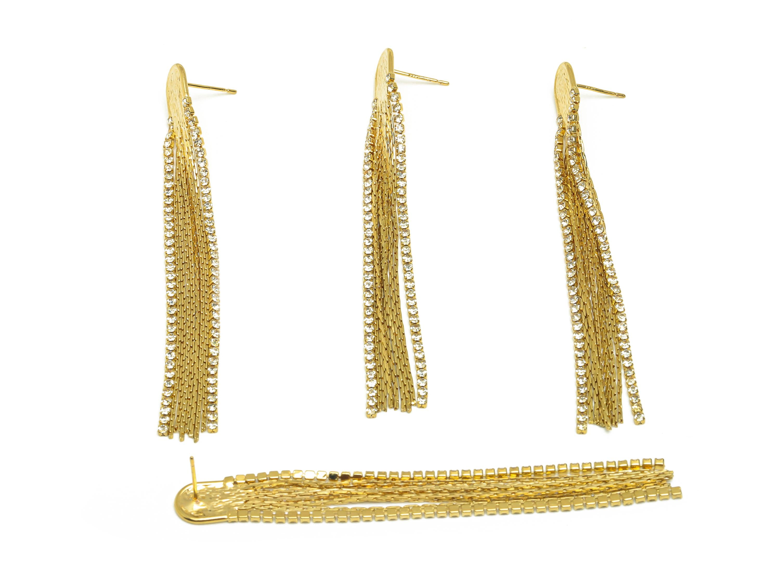 Brass Tassel Chian Earring - Arch Zircon Snake Chian Ear Post - Gold Snake Chian Tassel Earring Stud - 18K Real Gold Plated - 80mm - RGP7706 - DOMEDBAZAAR