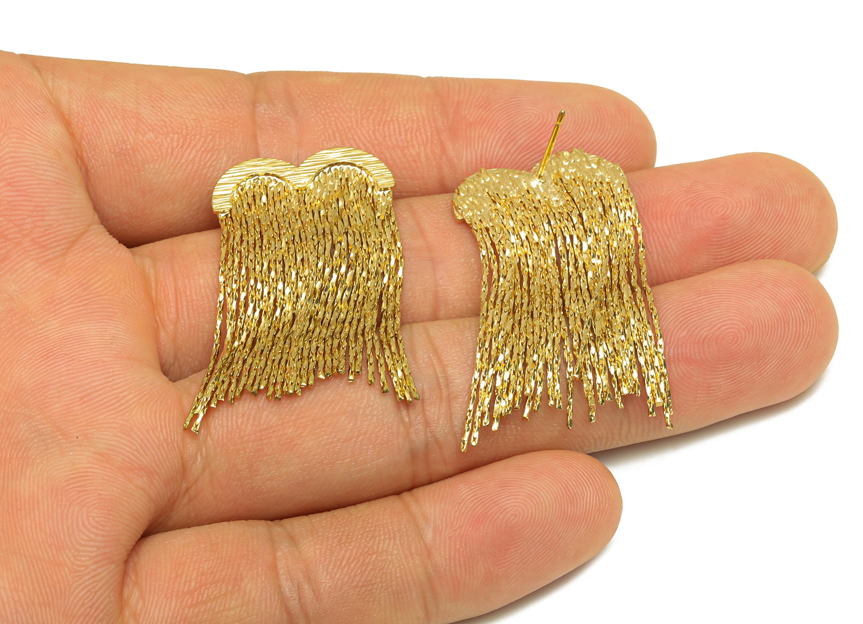 Brass Wings Tassel Earring - Textured Heart Snake Chian Ear Post - Gold Wing Chian Tassel Earring Stud - 18K Real Gold Plated- 36mm -RGP7708 - DOMEDBAZAAR