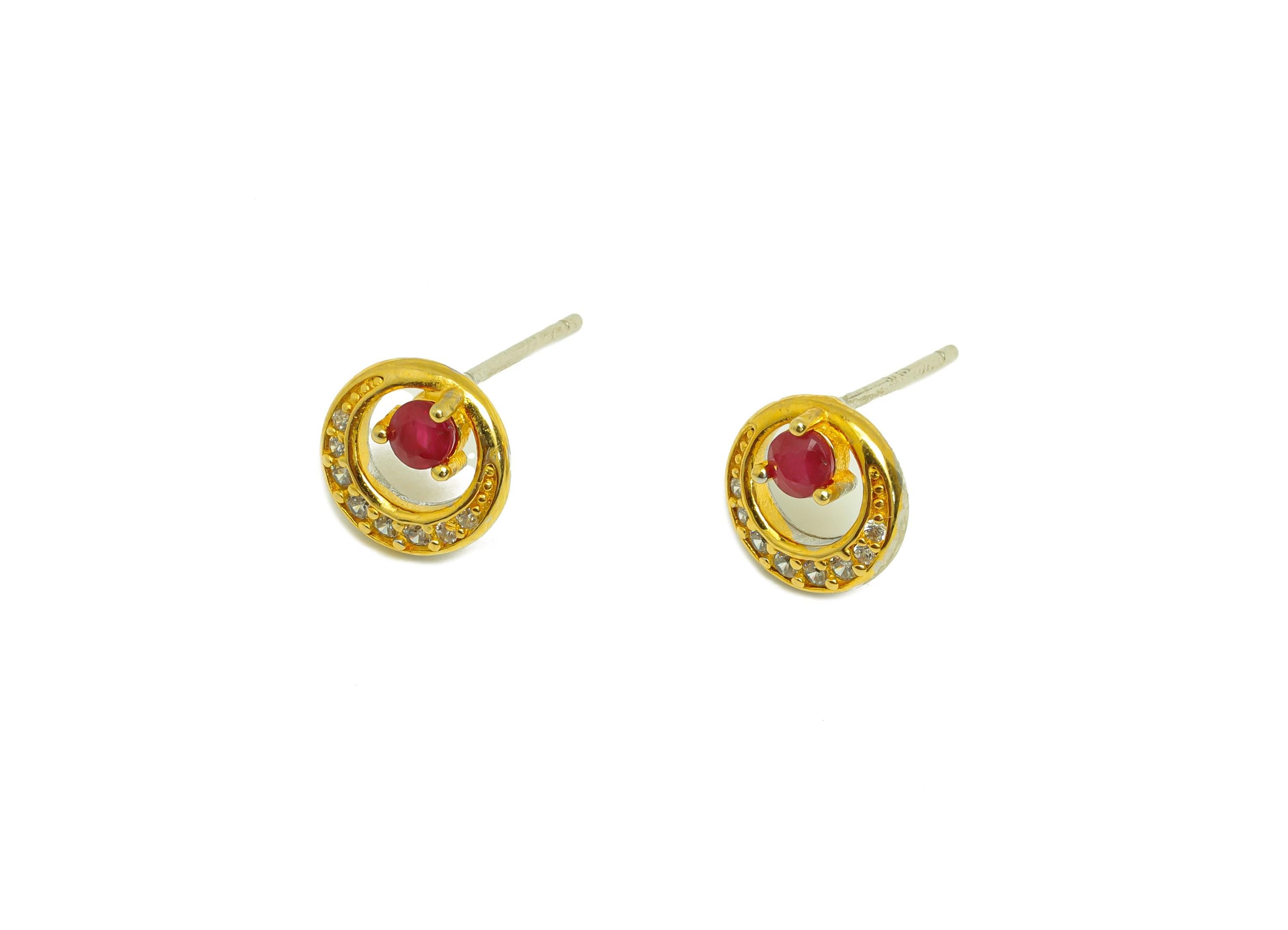 Ruby Gemstone Silver Earring Post - Zircon Crystal Earring Post - Natural Stone Stud - 18K Real Gold Plated Silver - 14x8x3.34mm - RGP7371 - DOMEDBAZAAR