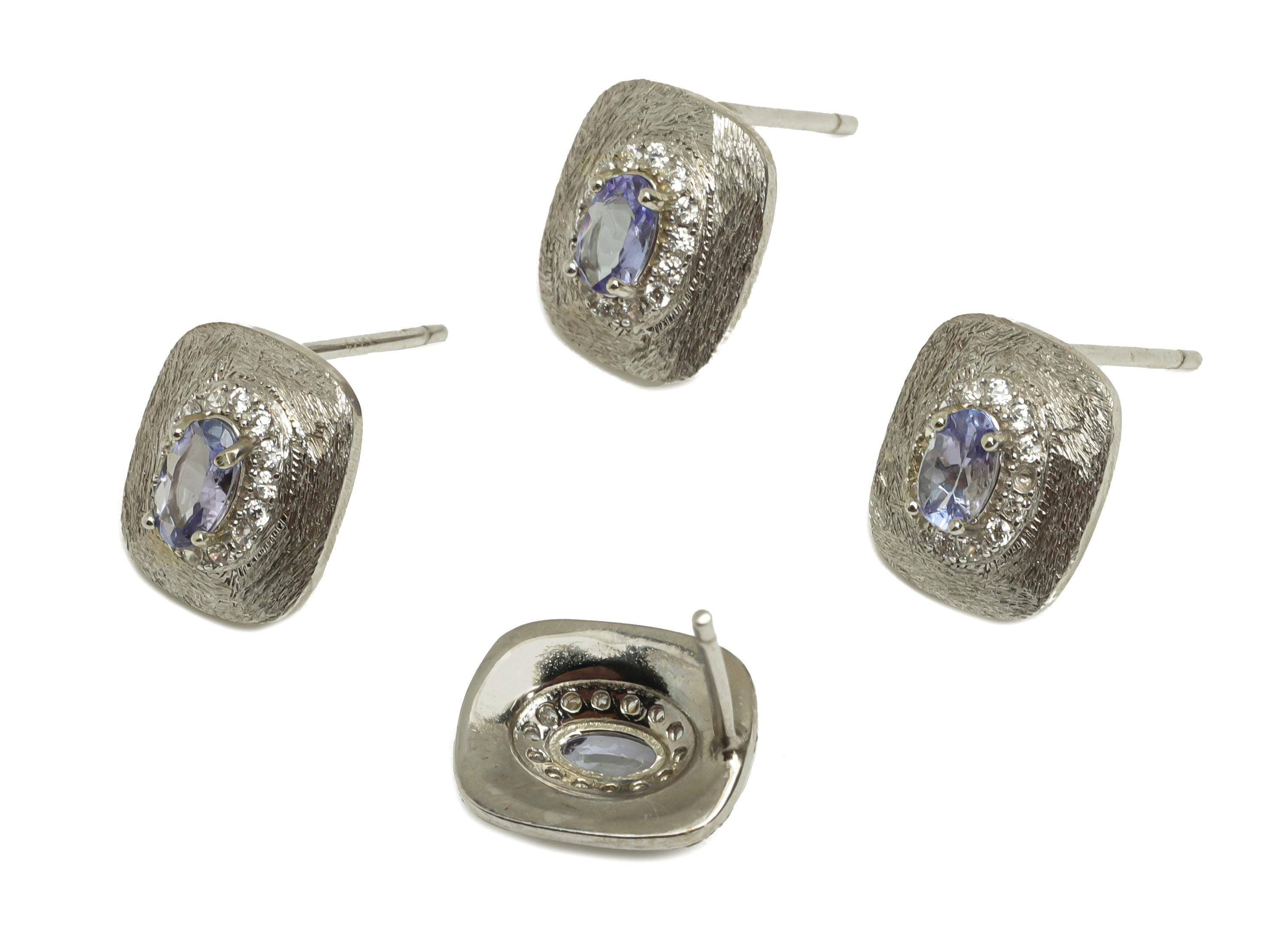 Tanzanite Silver Earring Post - 925 Silver Zircon Crystal Earring Post - Silver Rectangle Natural Stone Stud - 15x9.31x4.55mm - RGP7366 - DOMEDBAZAAR