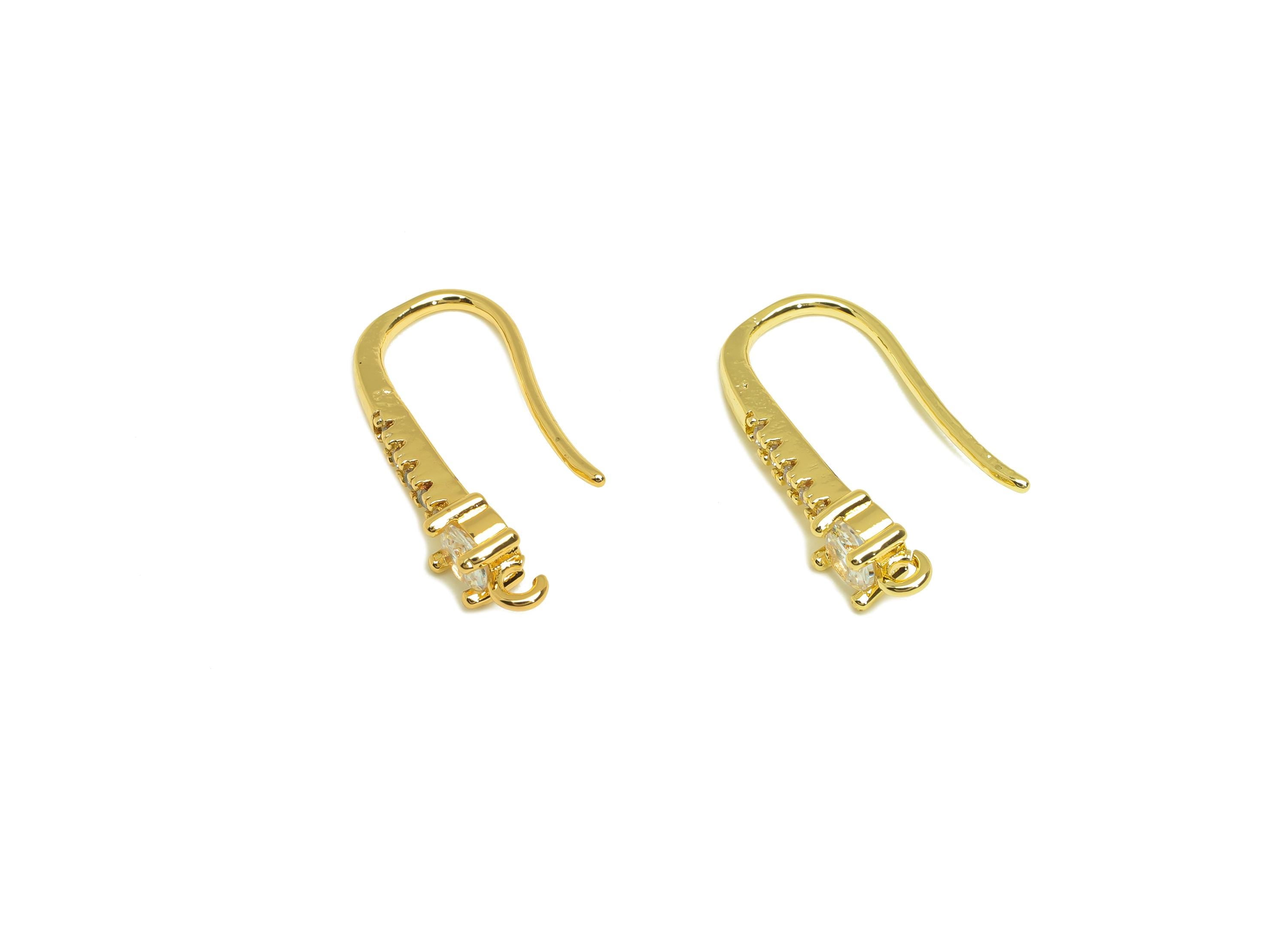 Brass Wire Hook Earring - Brass Zircon Wire Hook Earring - Brass Bead Earring Wire - Brass Ear Wire - 18K Real Gold Plated- 22x8x4mm-RGP7380 - DOMEDBAZAAR