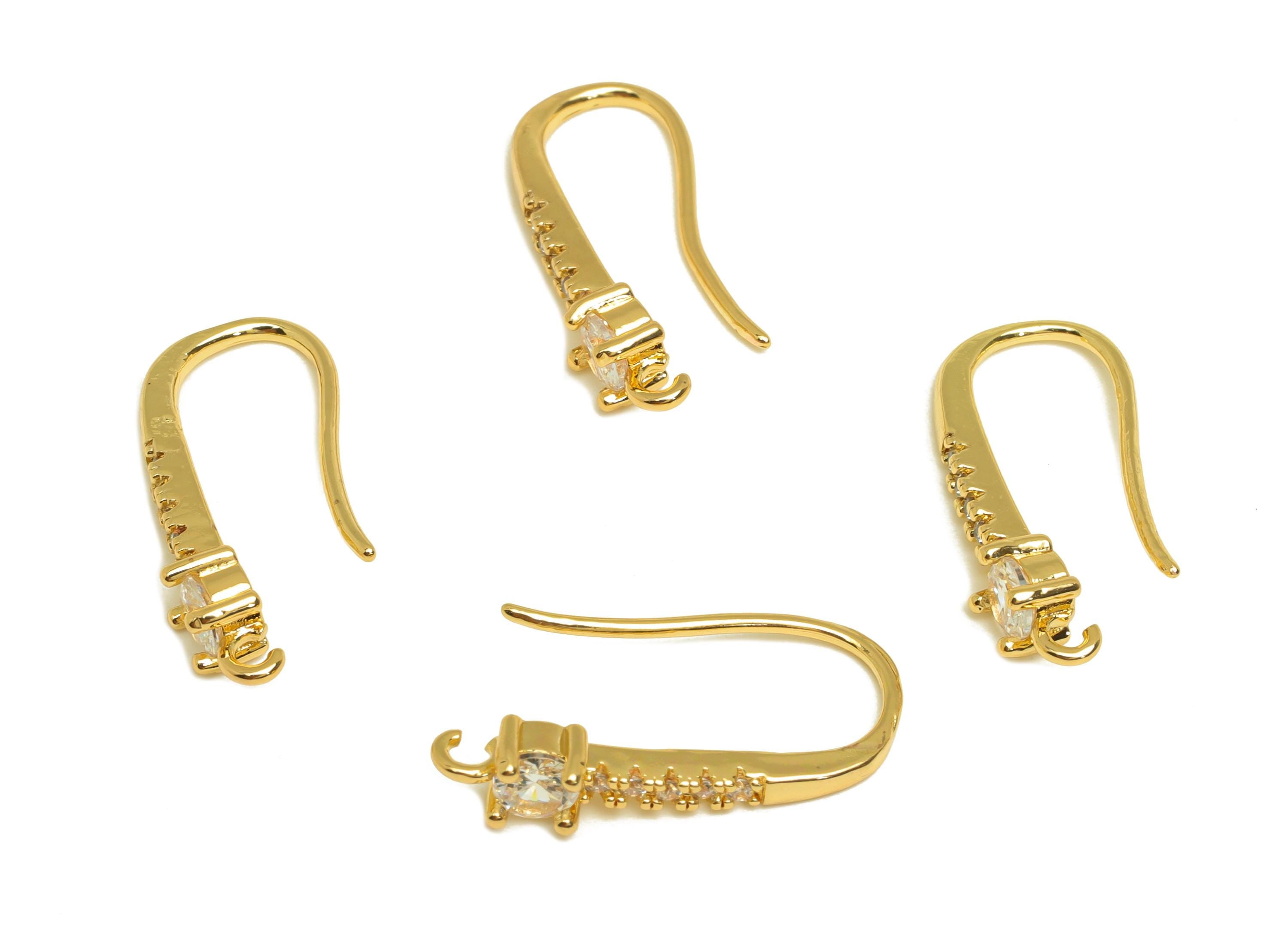 Brass Wire Hook Earring - Brass Zircon Wire Hook Earring - Brass Bead Earring Wire - Brass Ear Wire - 18K Real Gold Plated- 22x8x4mm-RGP7380 - DOMEDBAZAAR