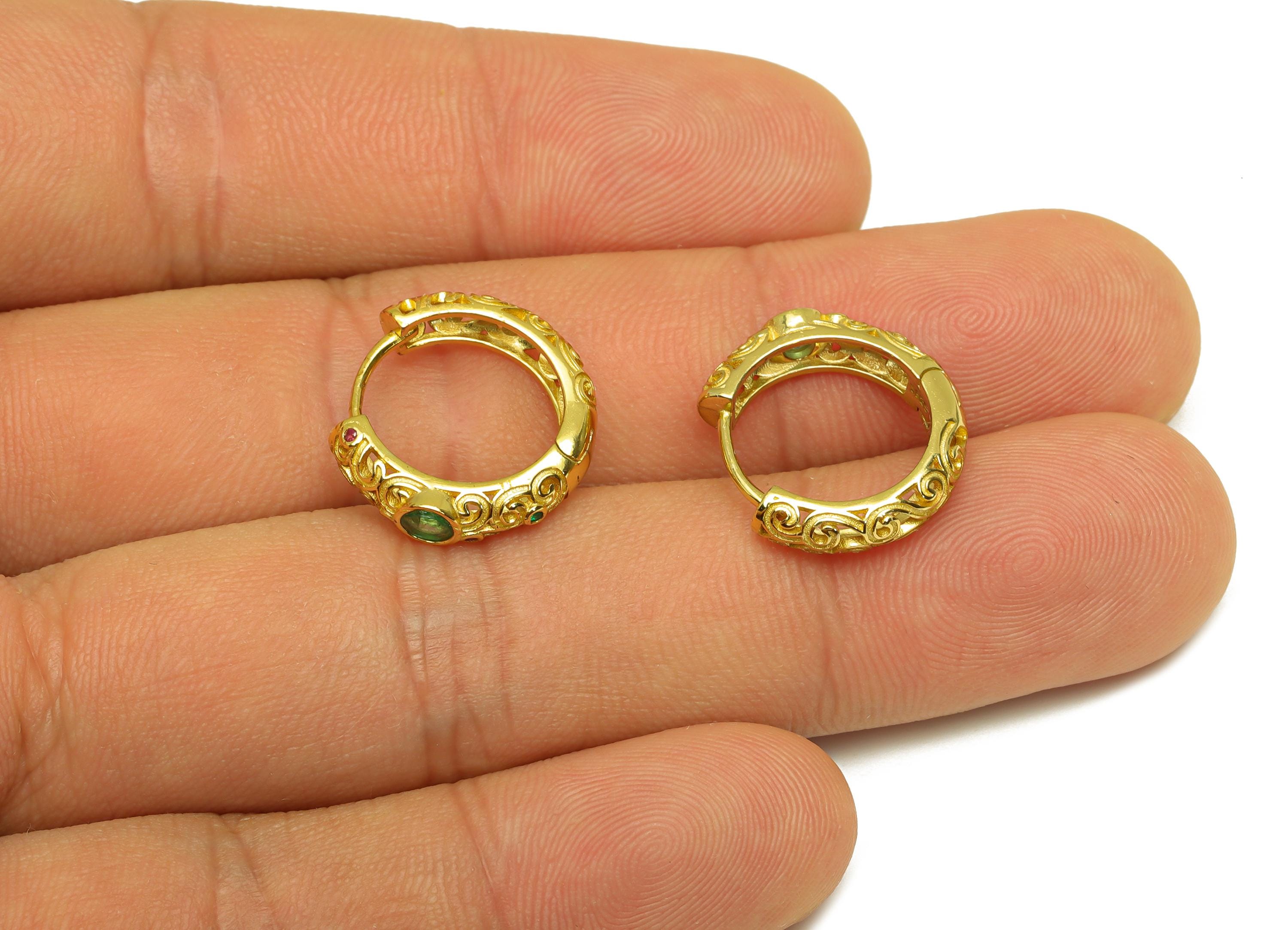 Emerald Hoop Earring - Zircon Textured Hoop Clasp Earring - Natural Stone Huggie Hoop Clasp- 18K Real Gold Plated Silver - 14x8x4mm -RGP7368 - DOMEDBAZAAR