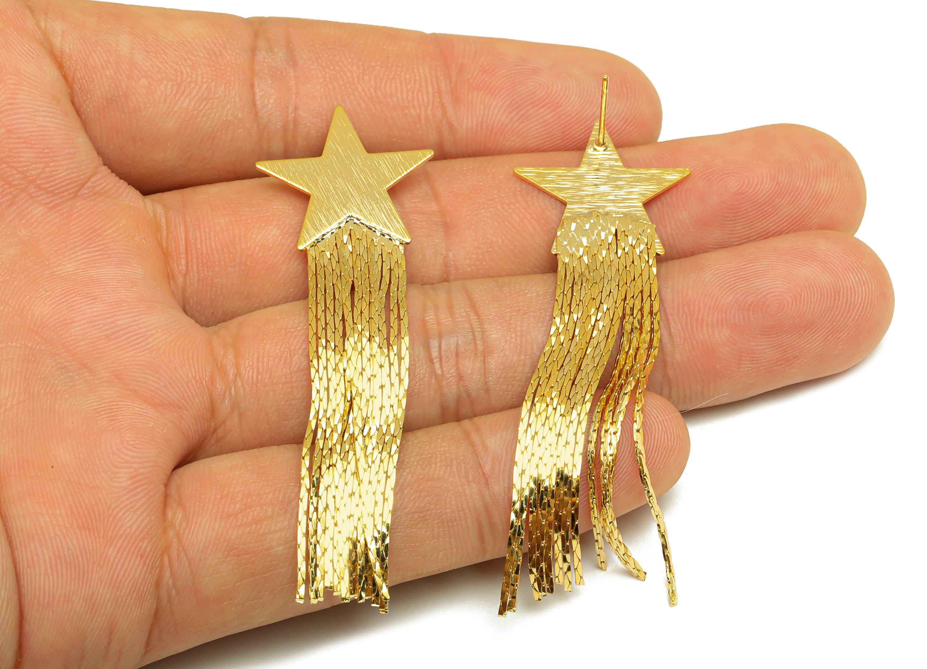 Brass Snake Chain Earring - Gold Star Chain Tassel Earring Stud - Textured Snake Chain Earring Post - 18K Real Gold Plating - 63mm - RGP7709 - DOMEDBAZAAR