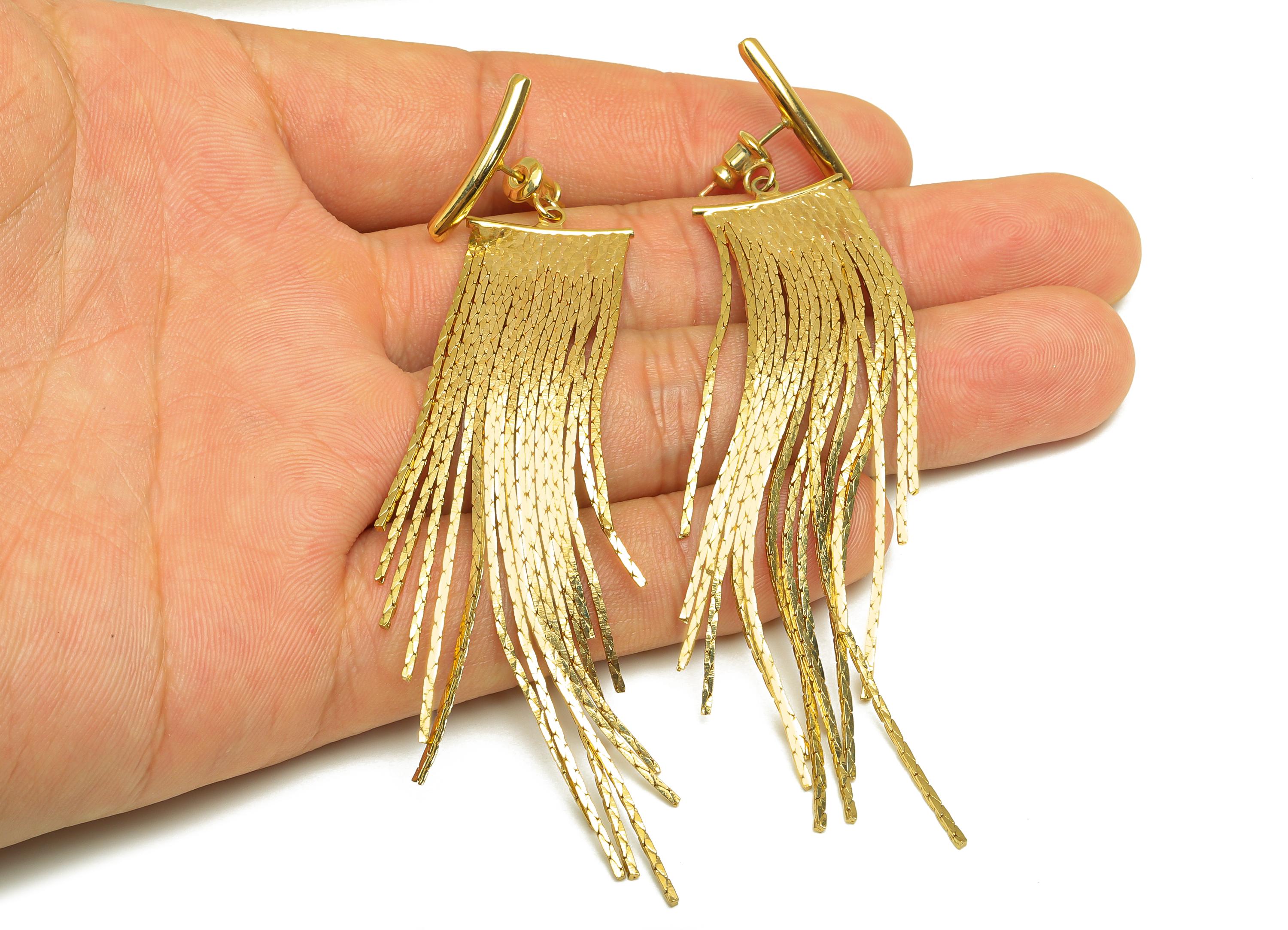 Brass Snake Chain Earring - Gold Curved Bar Tassel Earring Stud - Textured Snake Chain Earring Stopper- 18K Real Gold Plated -90mm - RGP7711 - DOMEDBAZAAR