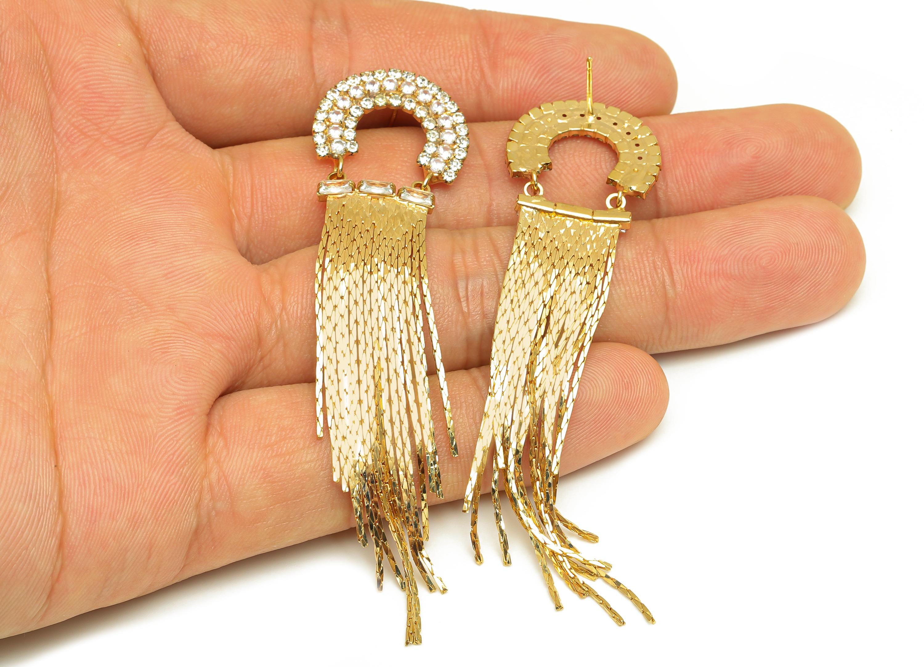 Brass Tassel Chian Earring - Arch Zircon Snake Chian Ear Post - Gold Semicircle Tassel Earring Stud - 18K Real Gold Plating - 80mm - RGP7713 - DOMEDBAZAAR