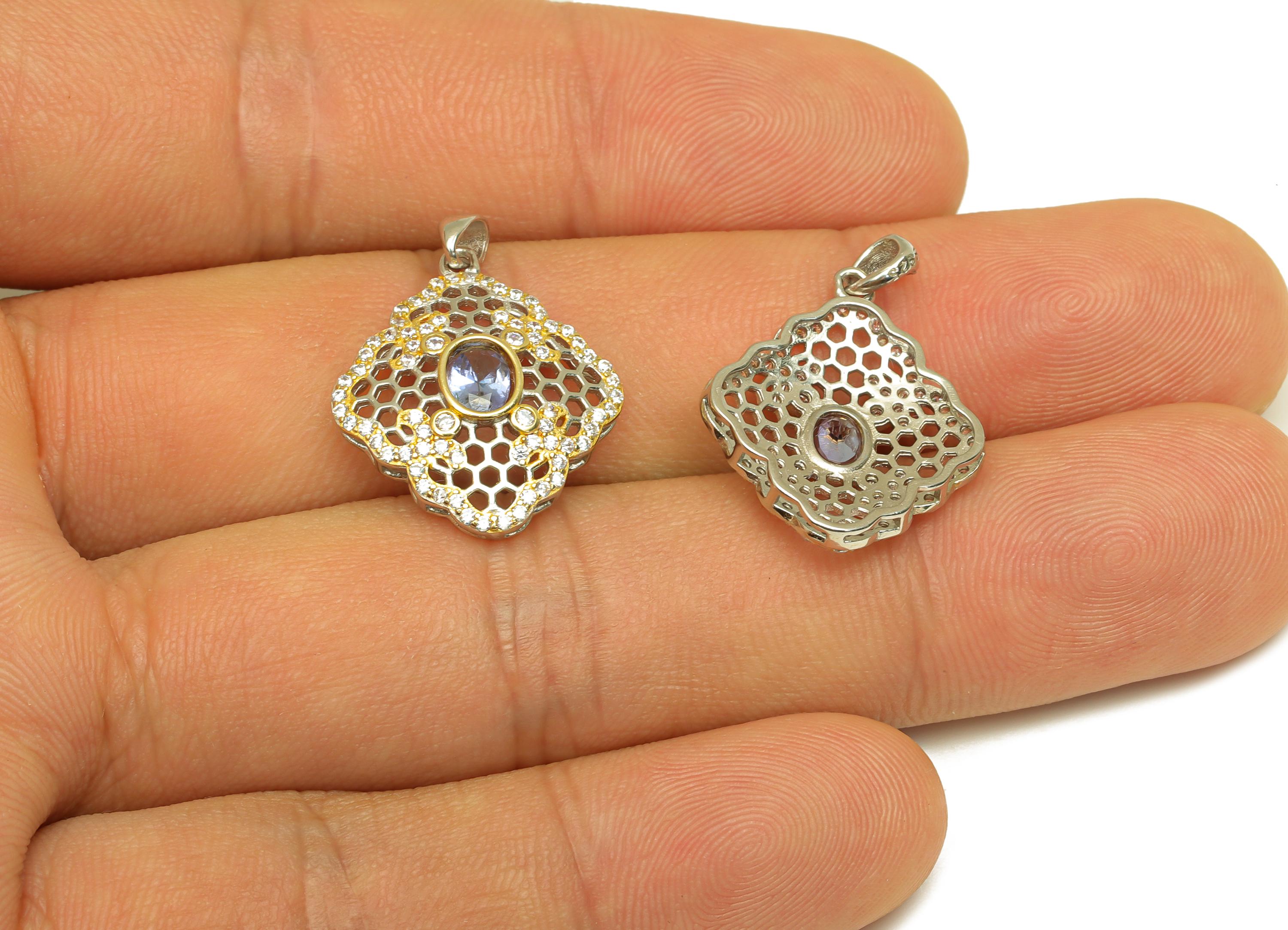 Tanzanite Zircon Earring Charm - Cubic Zircon Gemstone Pendant - Hollow Crystal Earring Charm - For Necklace - 23x18x4mm - RGP7372 - DOMEDBAZAAR