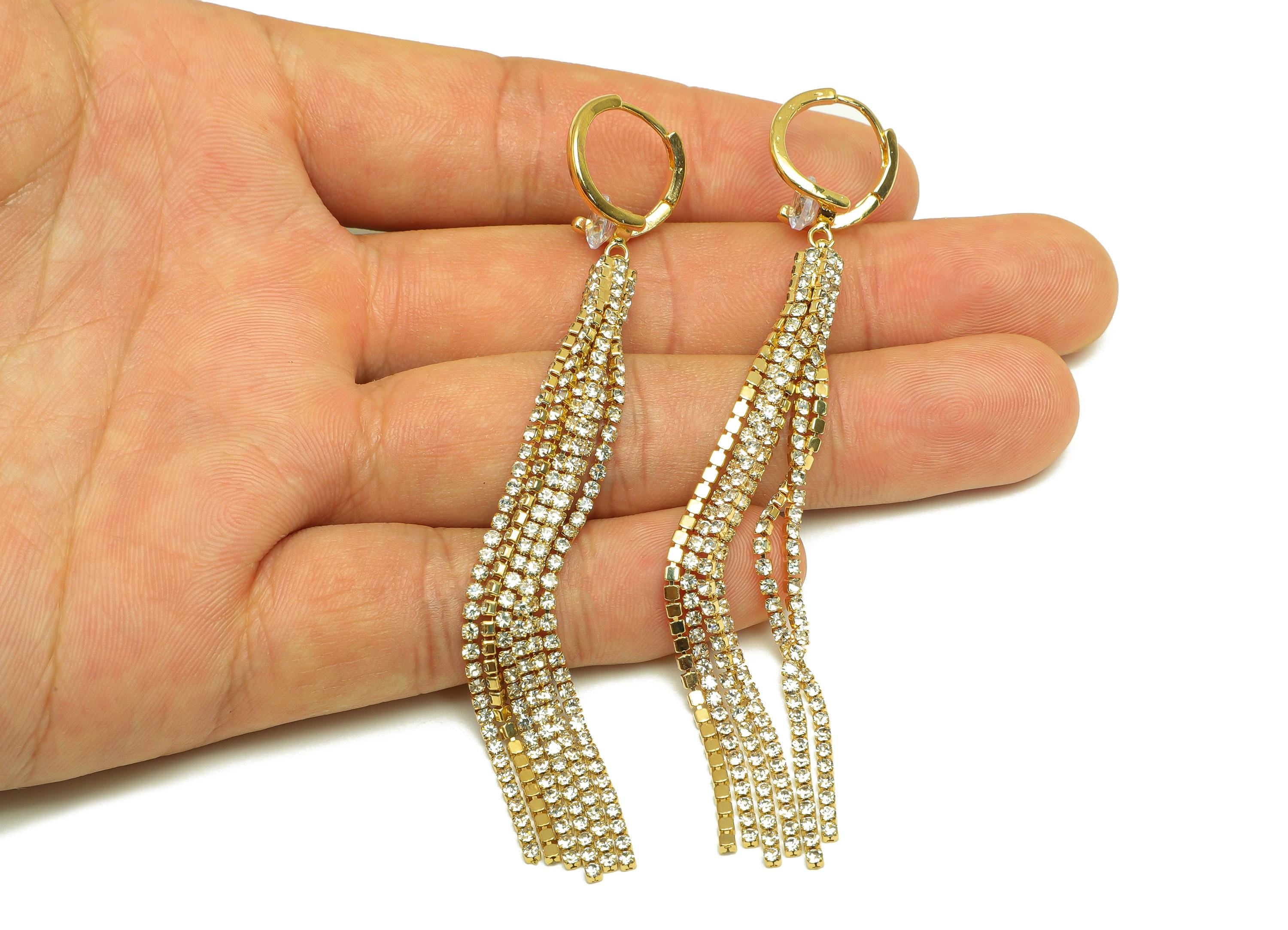 Brass CZ Dangle Earring - Round Cubic Zircon Chain Tassel Earring - Gold Huggie Hoop Dangle Earring - 18K Real Gold Plating - 95mm- RGP7714 - DOMEDBAZAAR