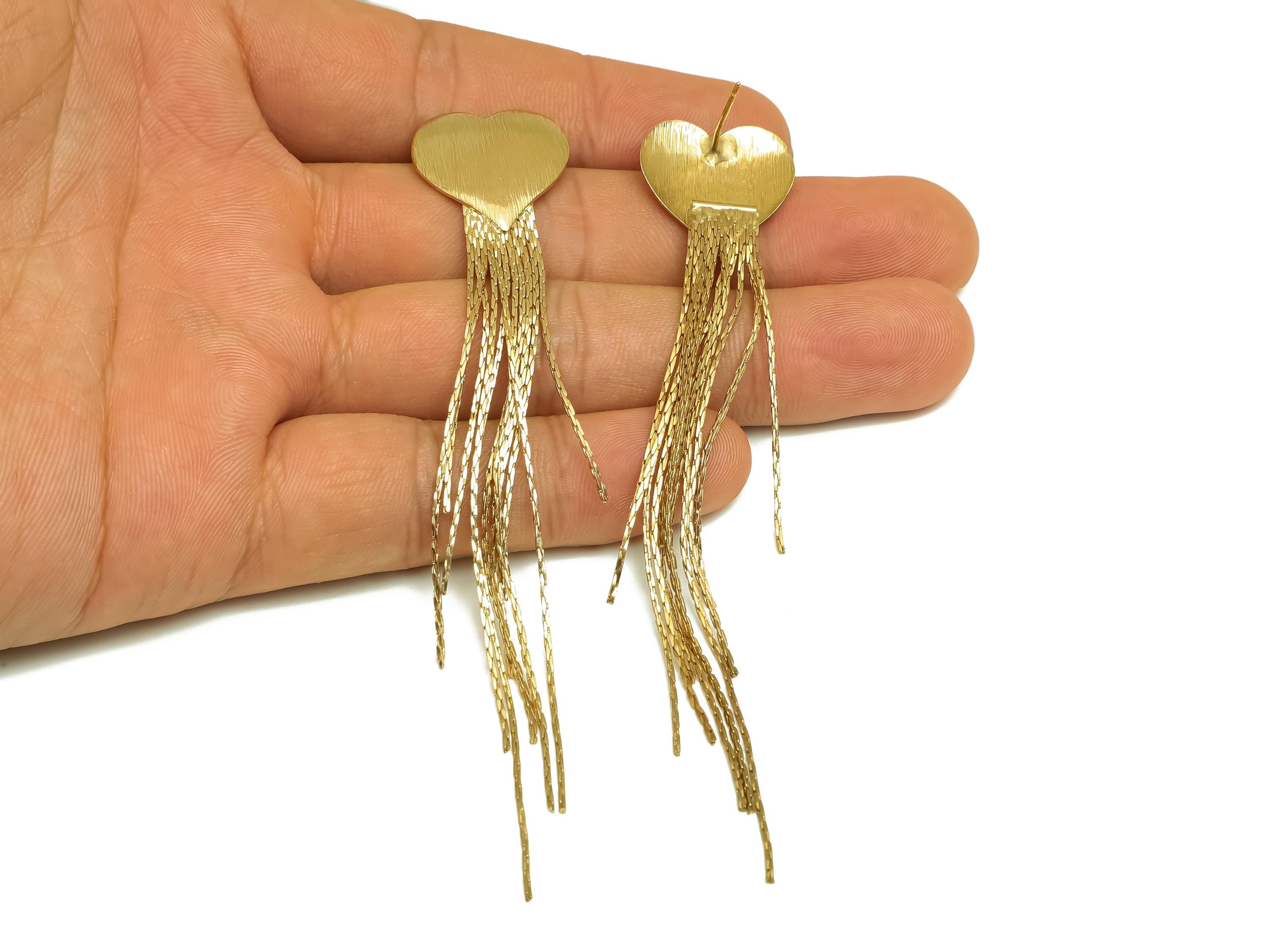 Brass Snake Chain Earring - Gold Heart Chain Tassel Earring Stud - Textured Snake Chain Earring Post - 18K Real Gold Plating- 108mm- RGP7716 - DOMEDBAZAAR