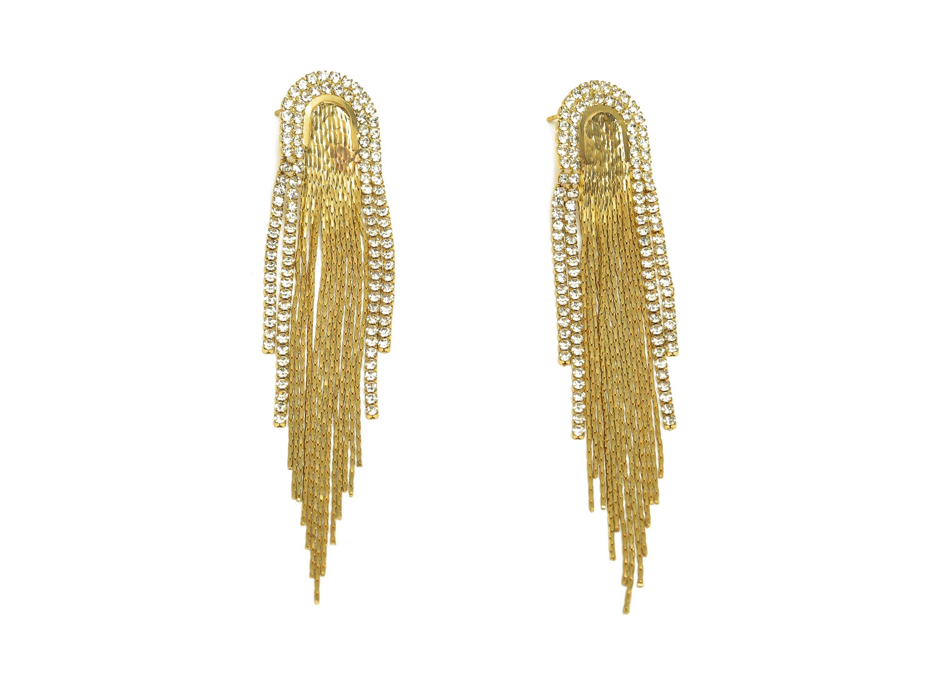 Brass Tassel Chian Earring - Arch Zircon Snake Chian Ear Post - Gold Snake Chian Tassel Earring Stud - 18K Real Gold Plated - 83mm - RGP7717 - DOMEDBAZAAR