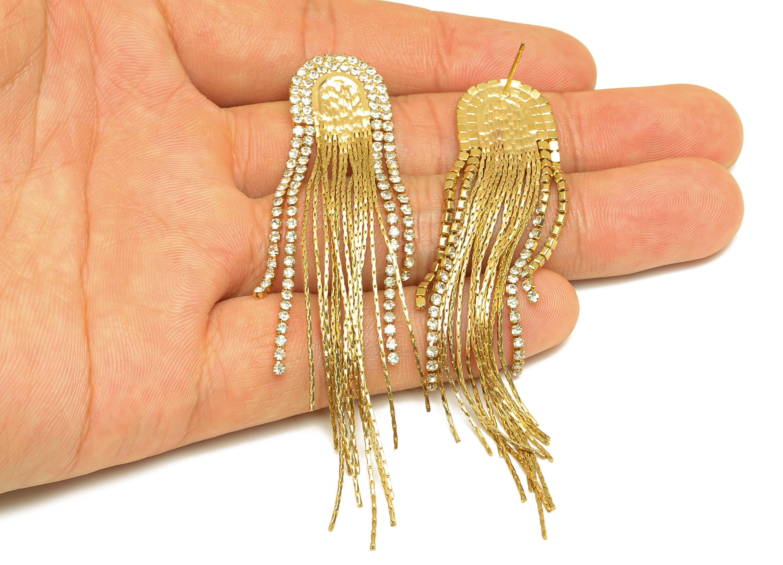 Brass Tassel Chian Earring - Arch Zircon Snake Chian Ear Post - Gold Snake Chian Tassel Earring Stud - 18K Real Gold Plated - 83mm - RGP7717 - DOMEDBAZAAR