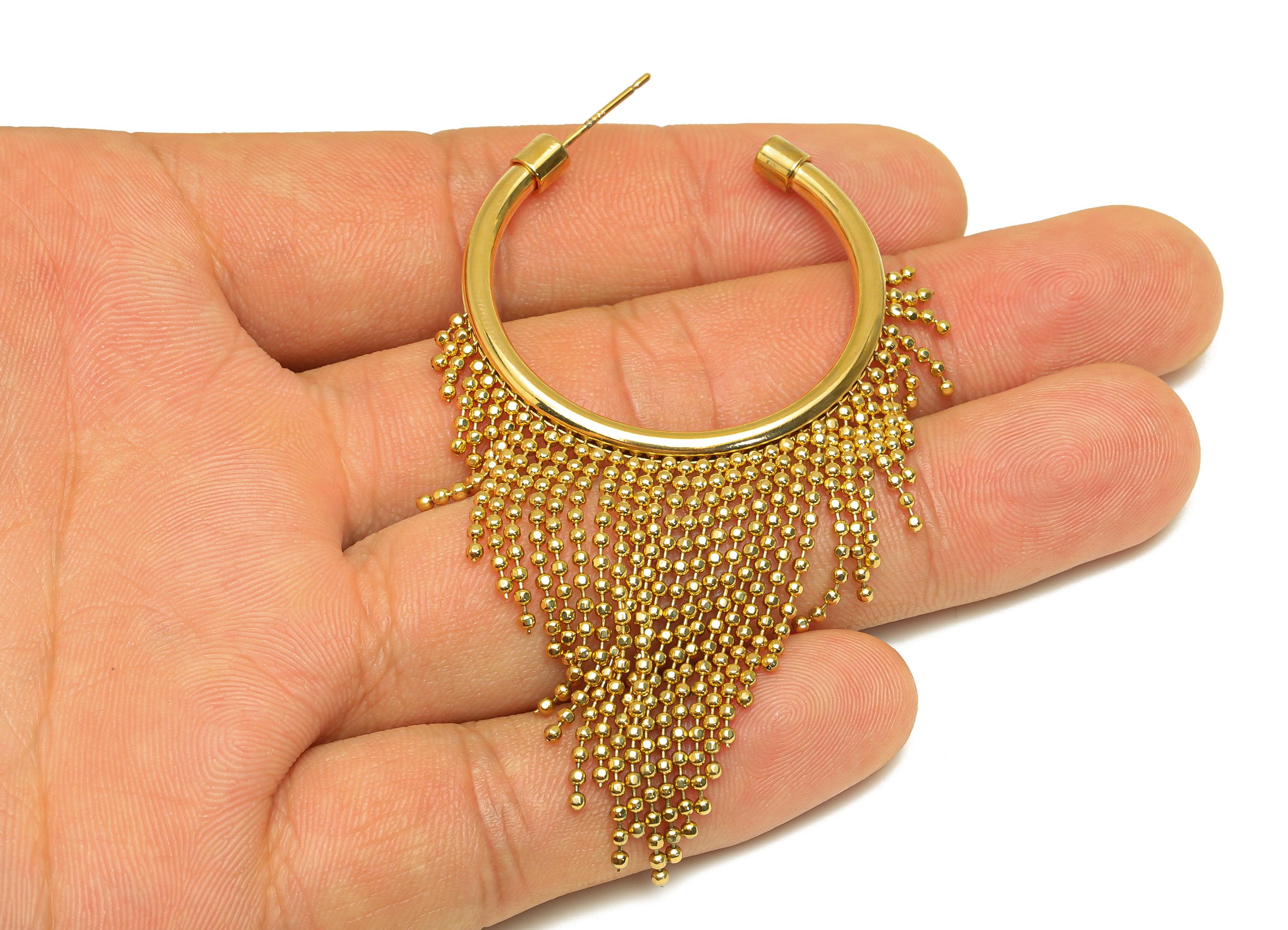 Brass Beads Chain Ear - Gold Open Round C Tassel Earring Stud - Open Circle Beads Chain Earring Post - 18K Real Gold Plating- 75mm - RGP7718 - DOMEDBAZAAR