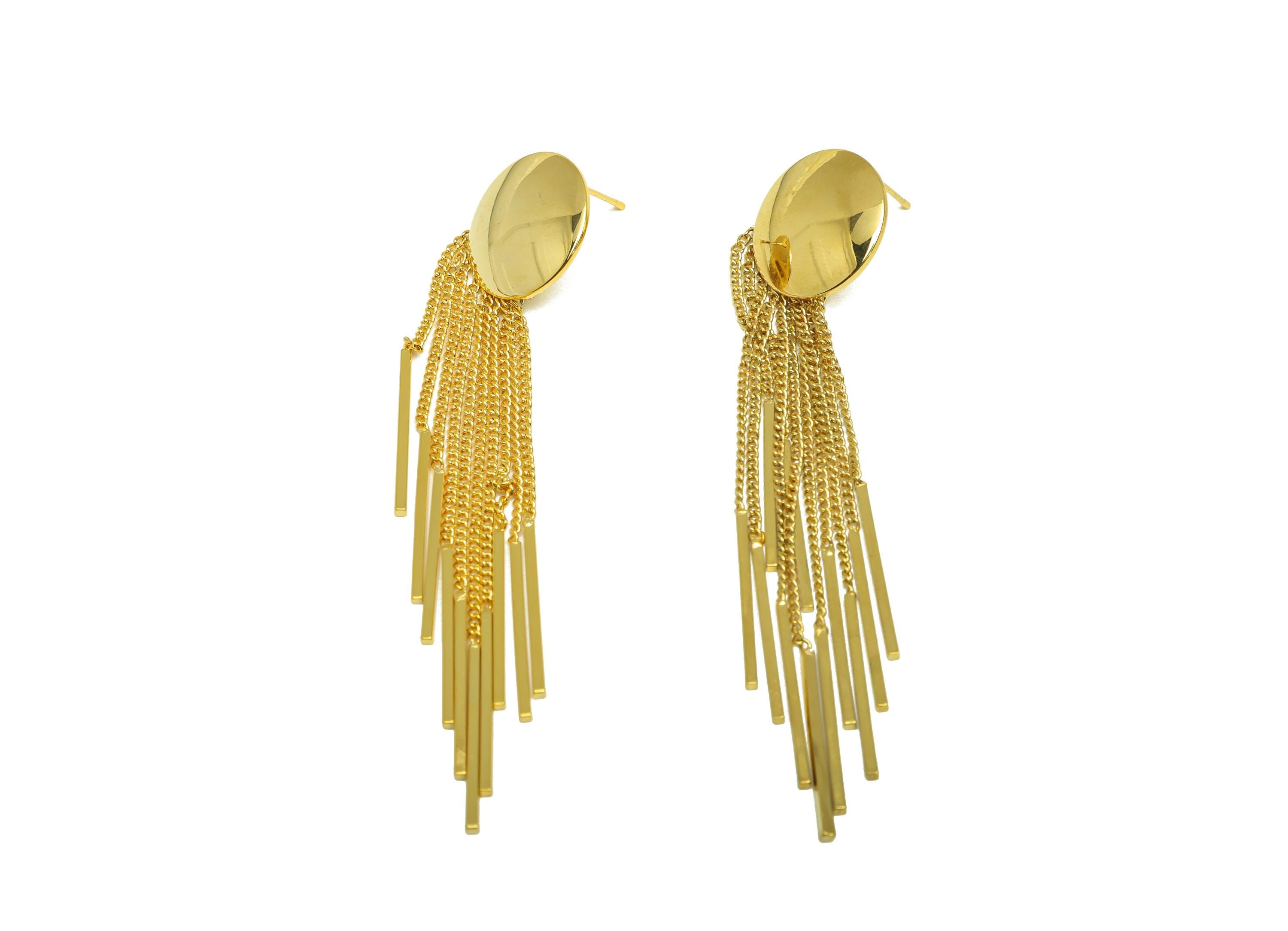 Brass Round Chain Earring - Gold Round Chain Bar Tassel Earring Stud - Round Bar Chain Tassel Ear Post - 18K Real Gold Plated-83mm - RGP7719 - DOMEDBAZAAR