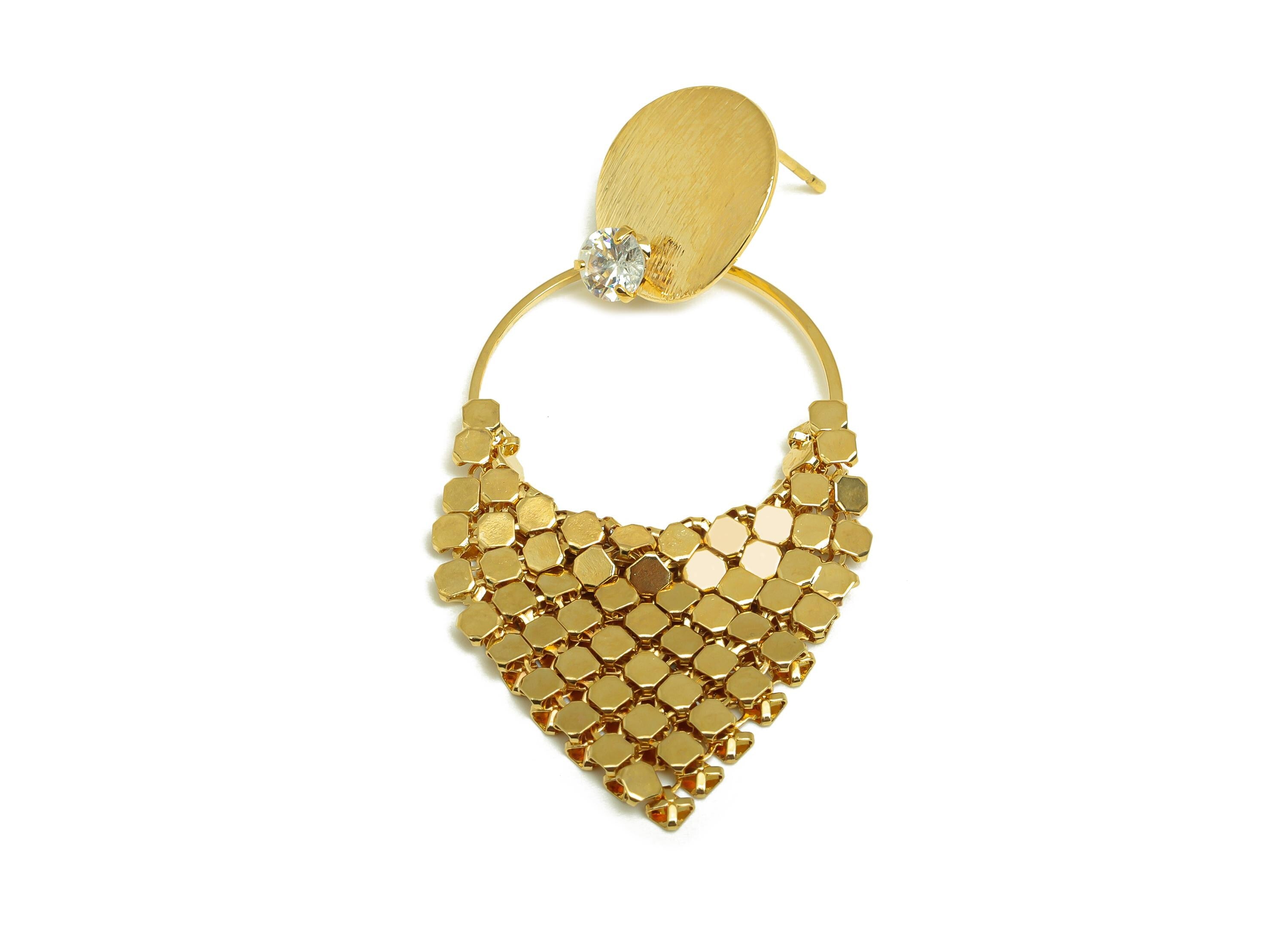 Brass Round Dangle Ear - Gold Triangle Mesh Tassel Earring Stud - Textured Zircon Dangle Earring - 18K Real Gold Plating - 55mm - RGP7720 - DOMEDBAZAAR