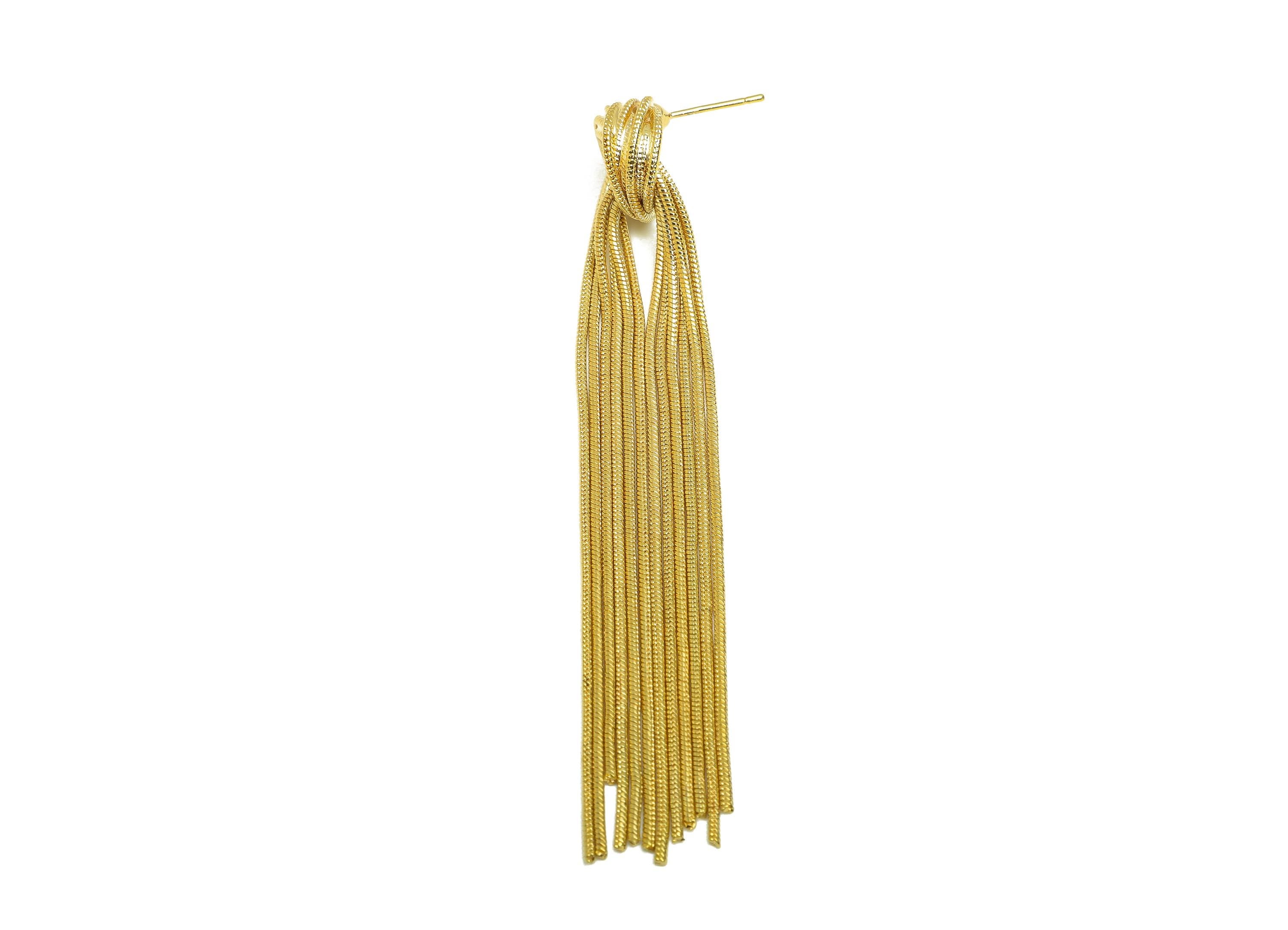 Brass Snake Chain Earring - Gold Knot Long Chain Earring Stud - Knot Snake Chain Tassel Earring Post - 18K Real Gold Plating- 85mm - RGP7721 - DOMEDBAZAAR
