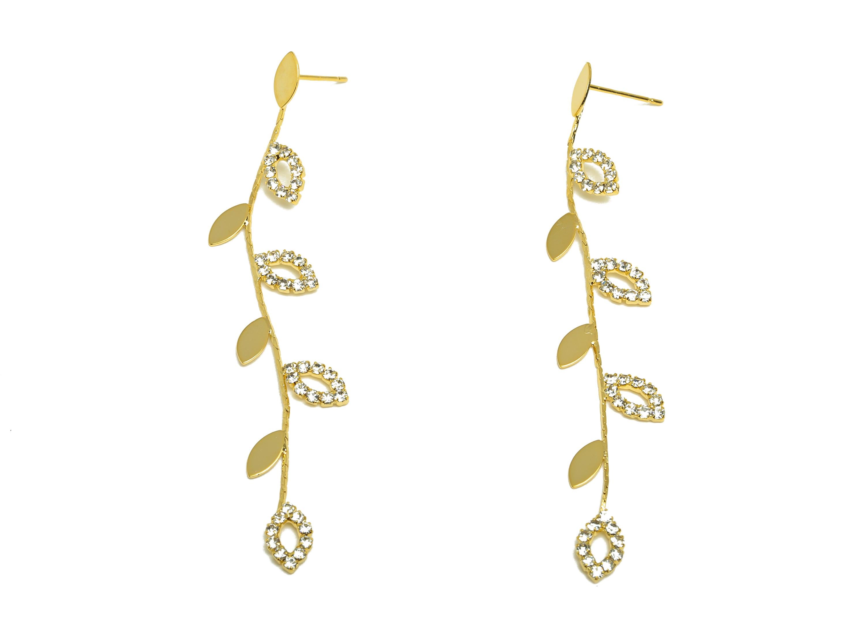 Brass Leaf Chian Earring - Zircon Leaves Snake Chian Ear Post - Gold Snake Chian Tassel Earring Stud - 18K Real Gold Plated - 80mm - RGP7723 - DOMEDBAZAAR
