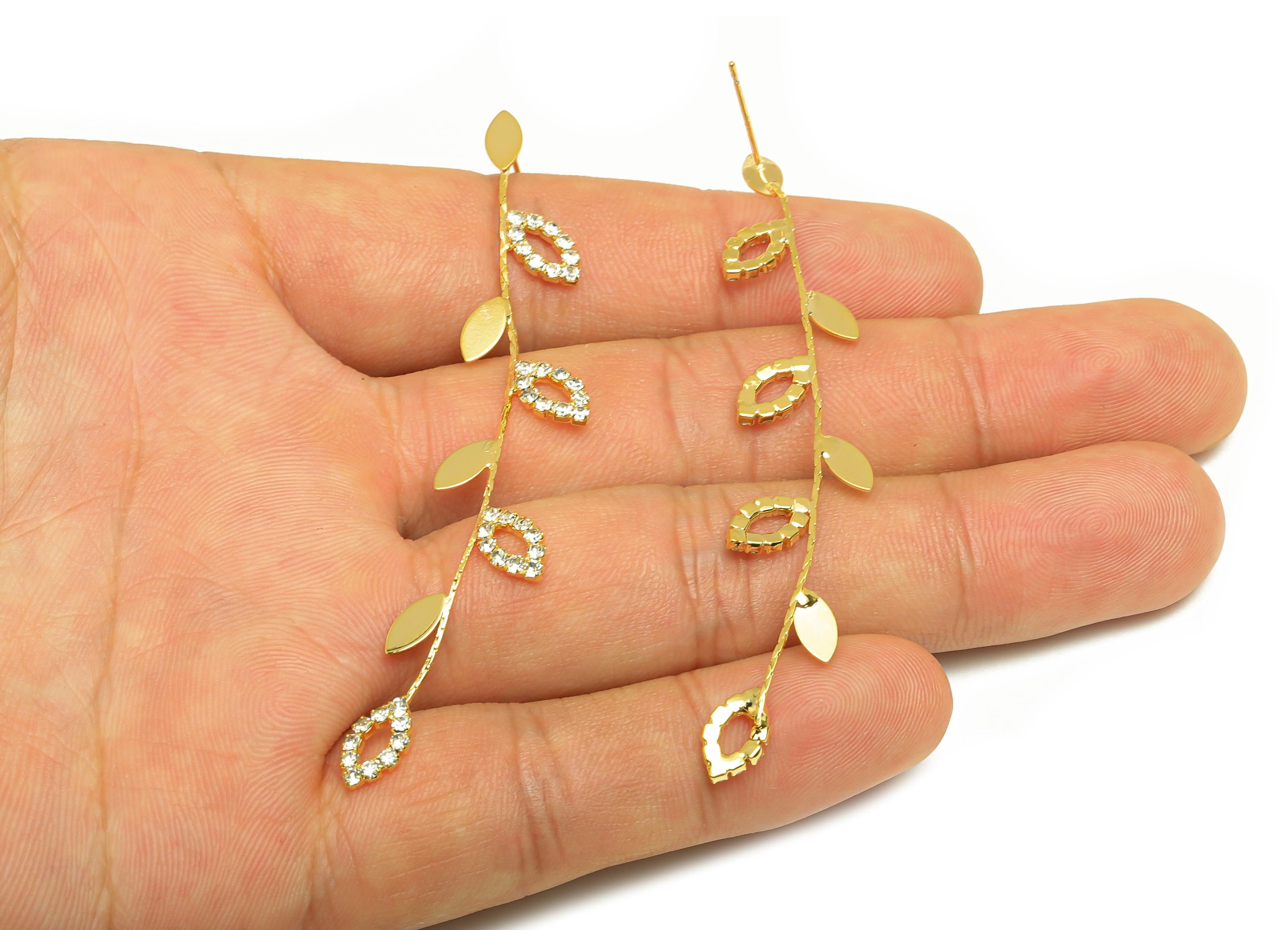 Brass Leaf Chian Earring - Zircon Leaves Snake Chian Ear Post - Gold Snake Chian Tassel Earring Stud - 18K Real Gold Plated - 80mm - RGP7723 - DOMEDBAZAAR